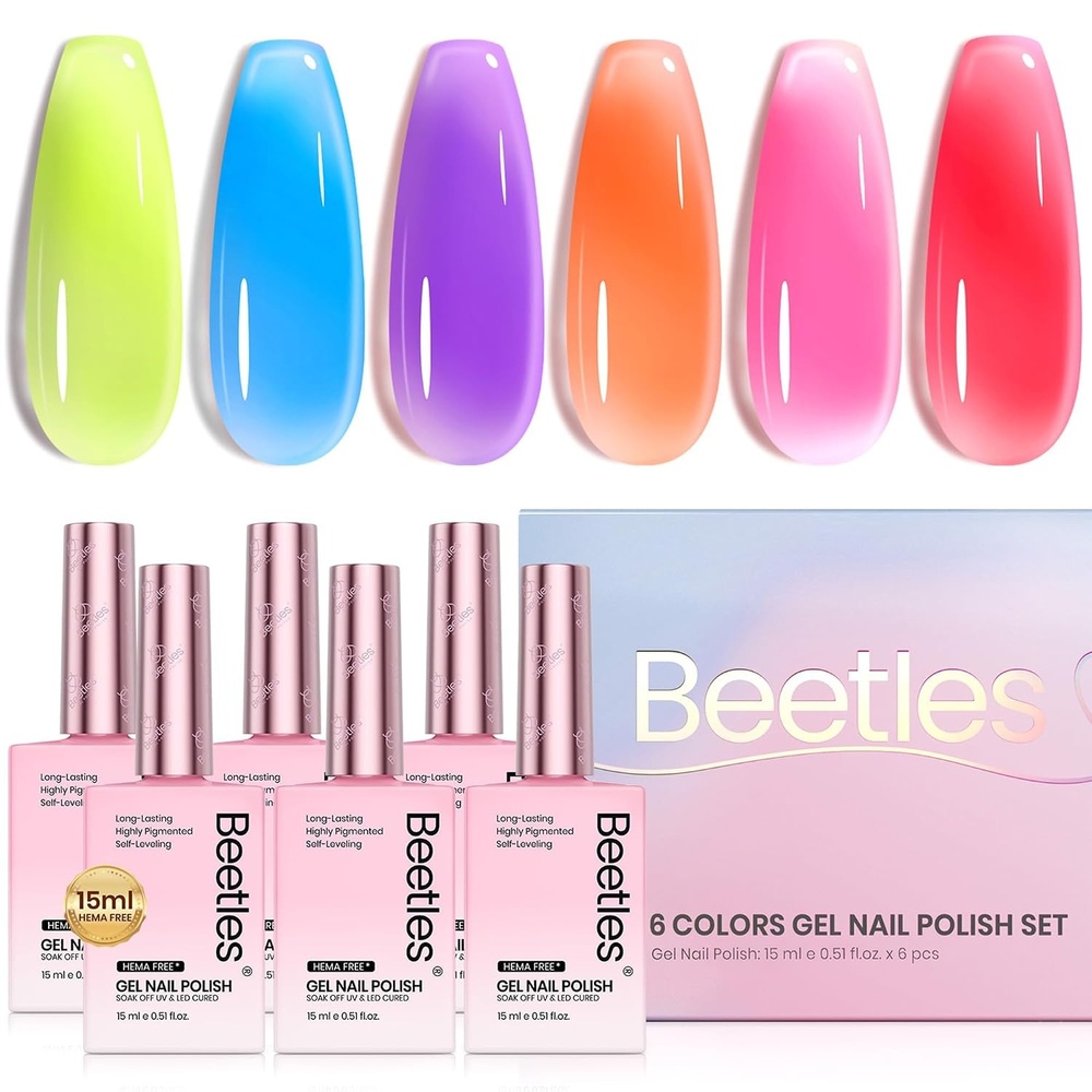 image:imageBeetles Purple Gel Nail Polish Set 6 Colors Nude Deep Purple Pink Glitter Gel Polish Confetti Collection Soak Off Uv Led Nail Art Manicure Kit Gifts for WomenF Sheer Gel Neon Jelly