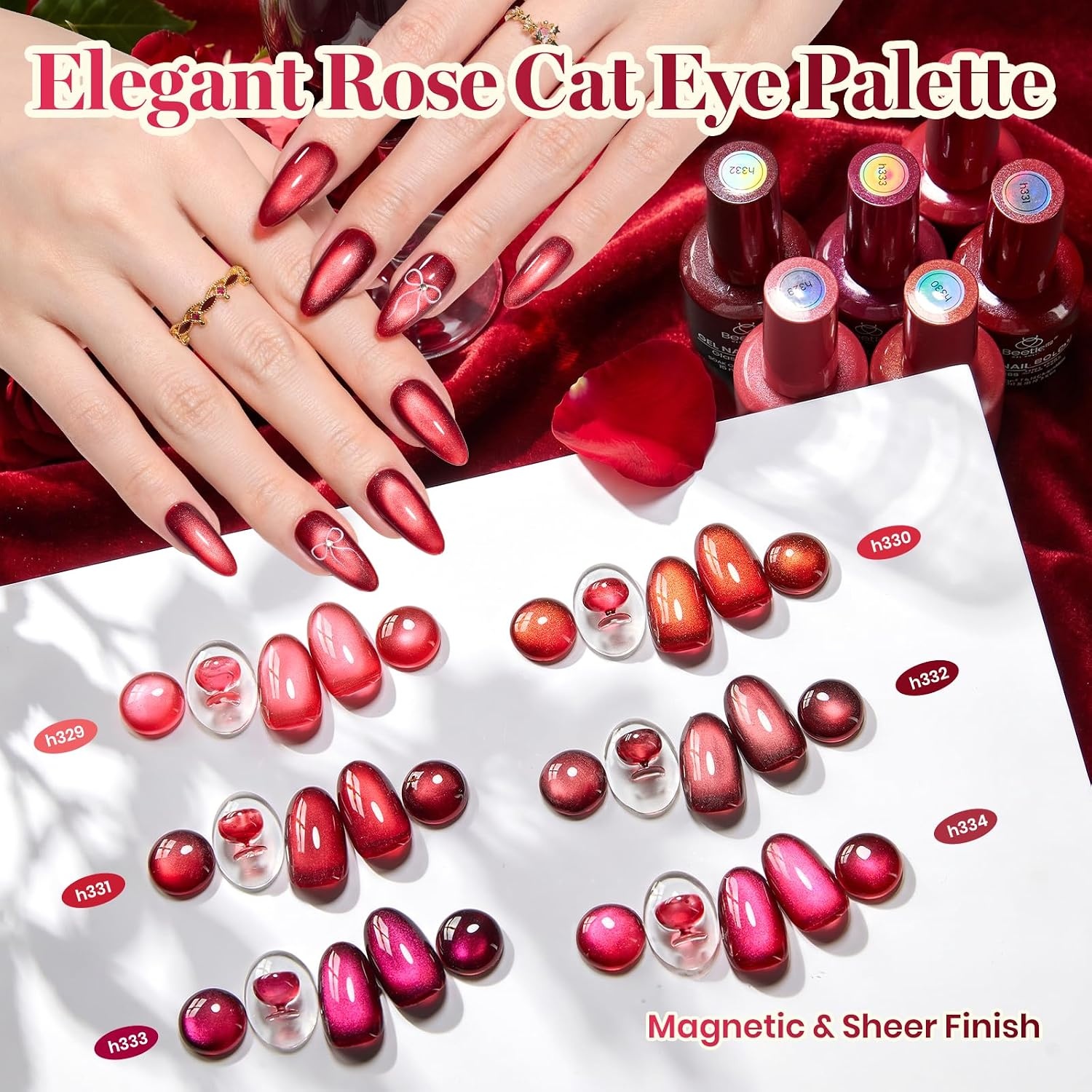 image:imageBeetles Brown Cat Eye Gel Nail Polish Set Gilded Amber Fall Gel Polish 6 Colors 15ML Full Size Glitter Gel Nail Kit Glass Cat Eye Magnetic Effect Soak Off UV Nail Art Salon DIY Gift for WomenFatal Rose