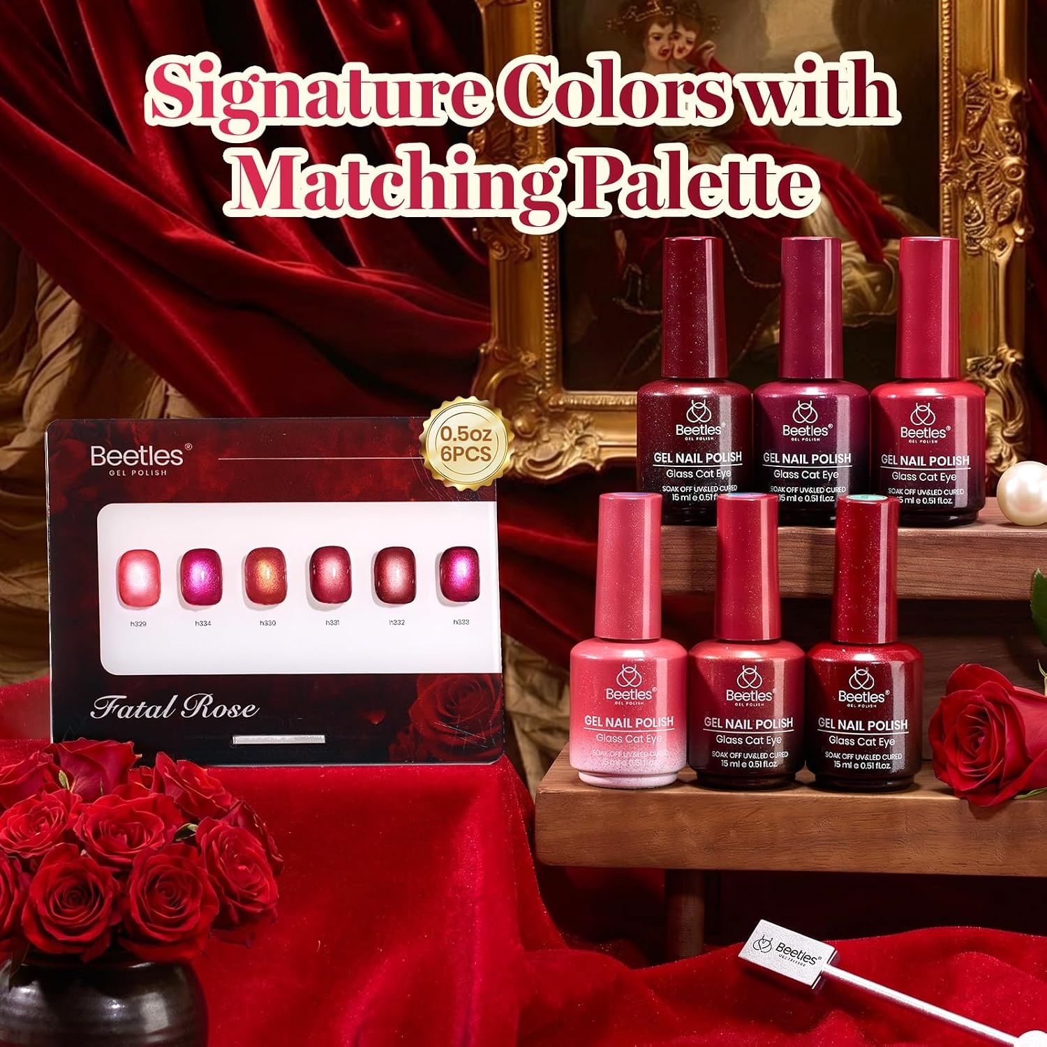 image:imageBeetles Brown Cat Eye Gel Nail Polish Set Gilded Amber Fall Gel Polish 6 Colors 15ML Full Size Glitter Gel Nail Kit Glass Cat Eye Magnetic Effect Soak Off UV Nail Art Salon DIY Gift for WomenFatal Rose