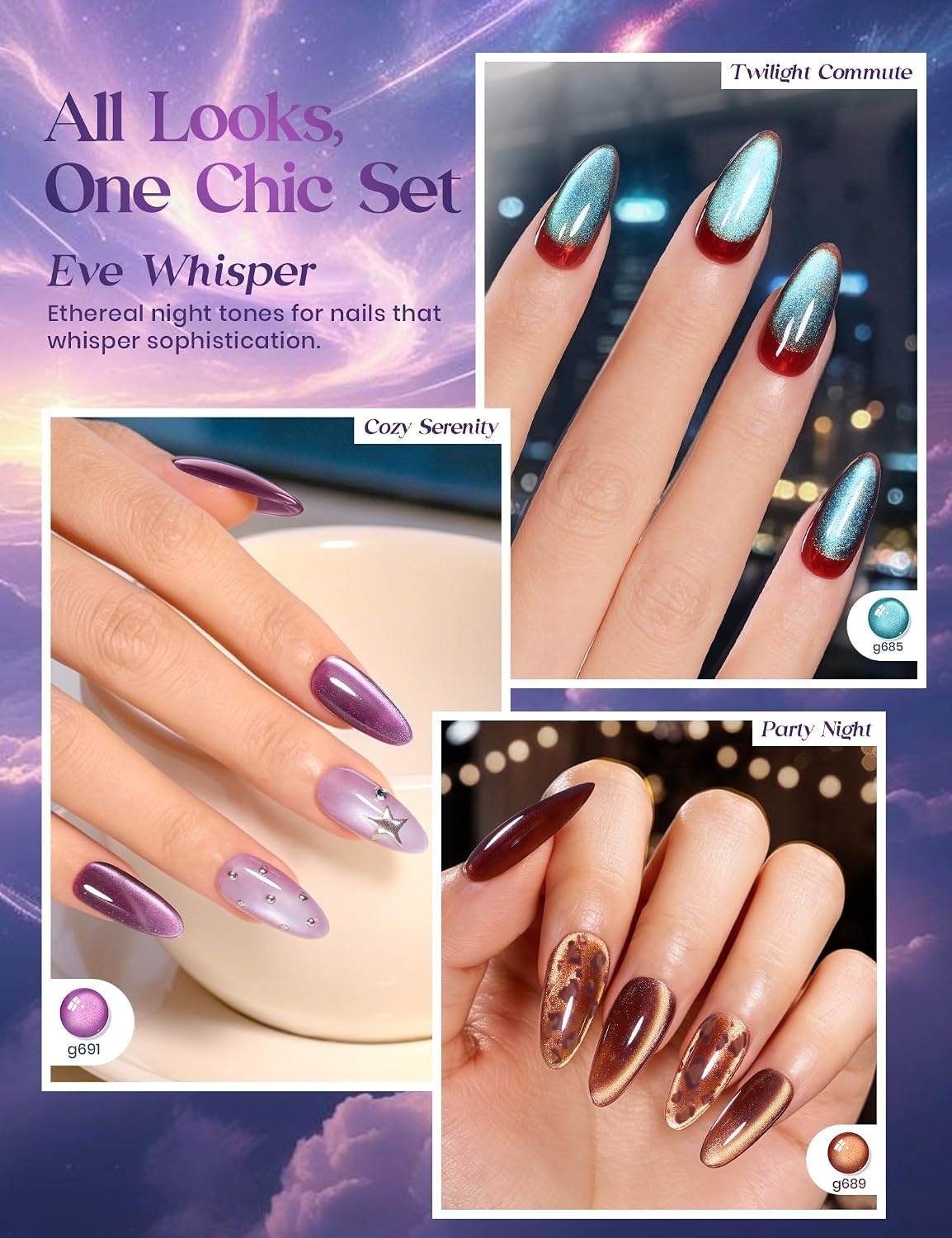 image:imageBeetles Brown Cat Eye Gel Nail Polish Set Gilded Amber Fall Gel Polish 6 Colors 15ML Full Size Glitter Gel Nail Kit Glass Cat Eye Magnetic Effect Soak Off UV Nail Art Salon DIY Gift for WomenASky Symphony