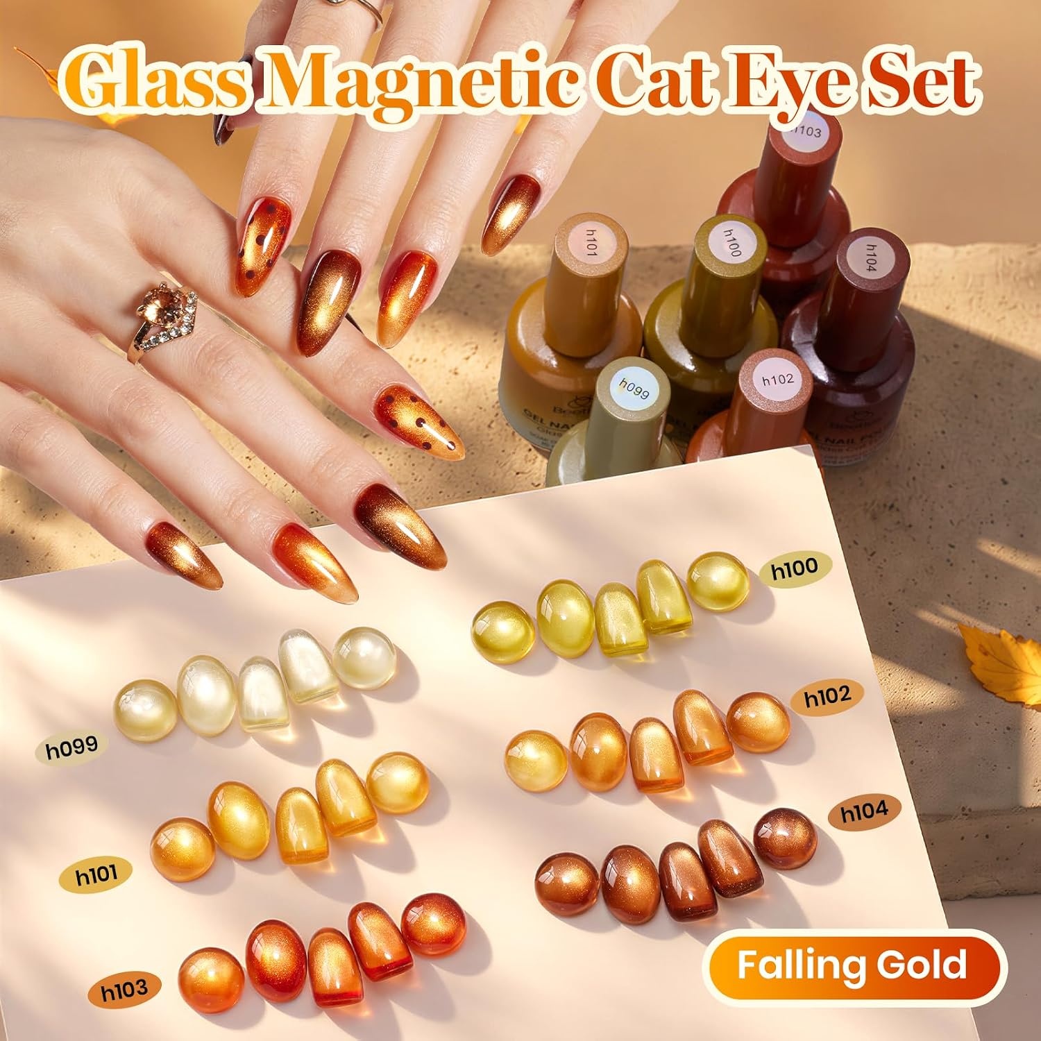 image:imageBeetles Brown Cat Eye Gel Nail Polish Set Gilded Amber Fall Gel Polish 6 Colors 15ML Full Size Glitter Gel Nail Kit Glass Cat Eye Magnetic Effect Soak Off UV Nail Art Salon DIY Gift for WomenFalling Gold