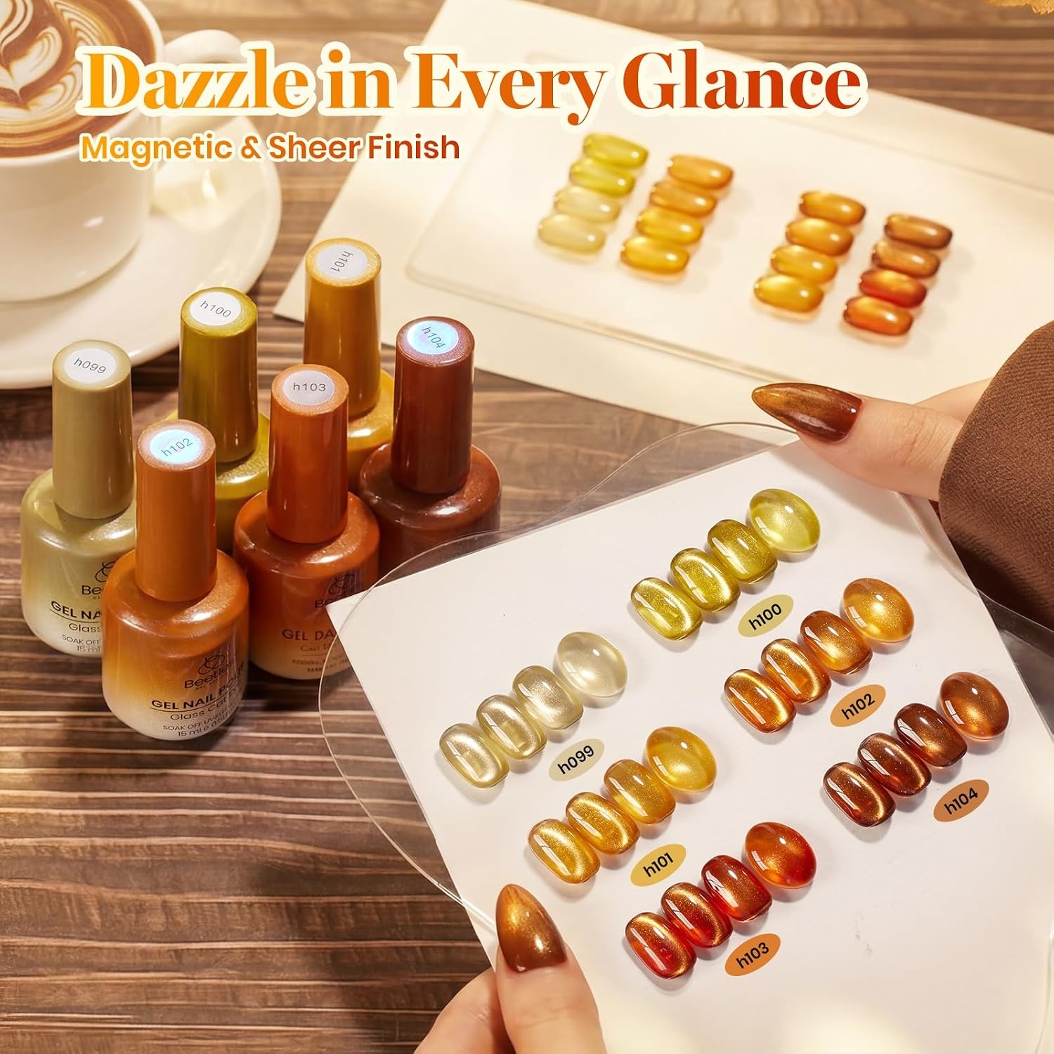 image:imageBeetles Brown Cat Eye Gel Nail Polish Set Gilded Amber Fall Gel Polish 6 Colors 15ML Full Size Glitter Gel Nail Kit Glass Cat Eye Magnetic Effect Soak Off UV Nail Art Salon DIY Gift for WomenFalling Gold