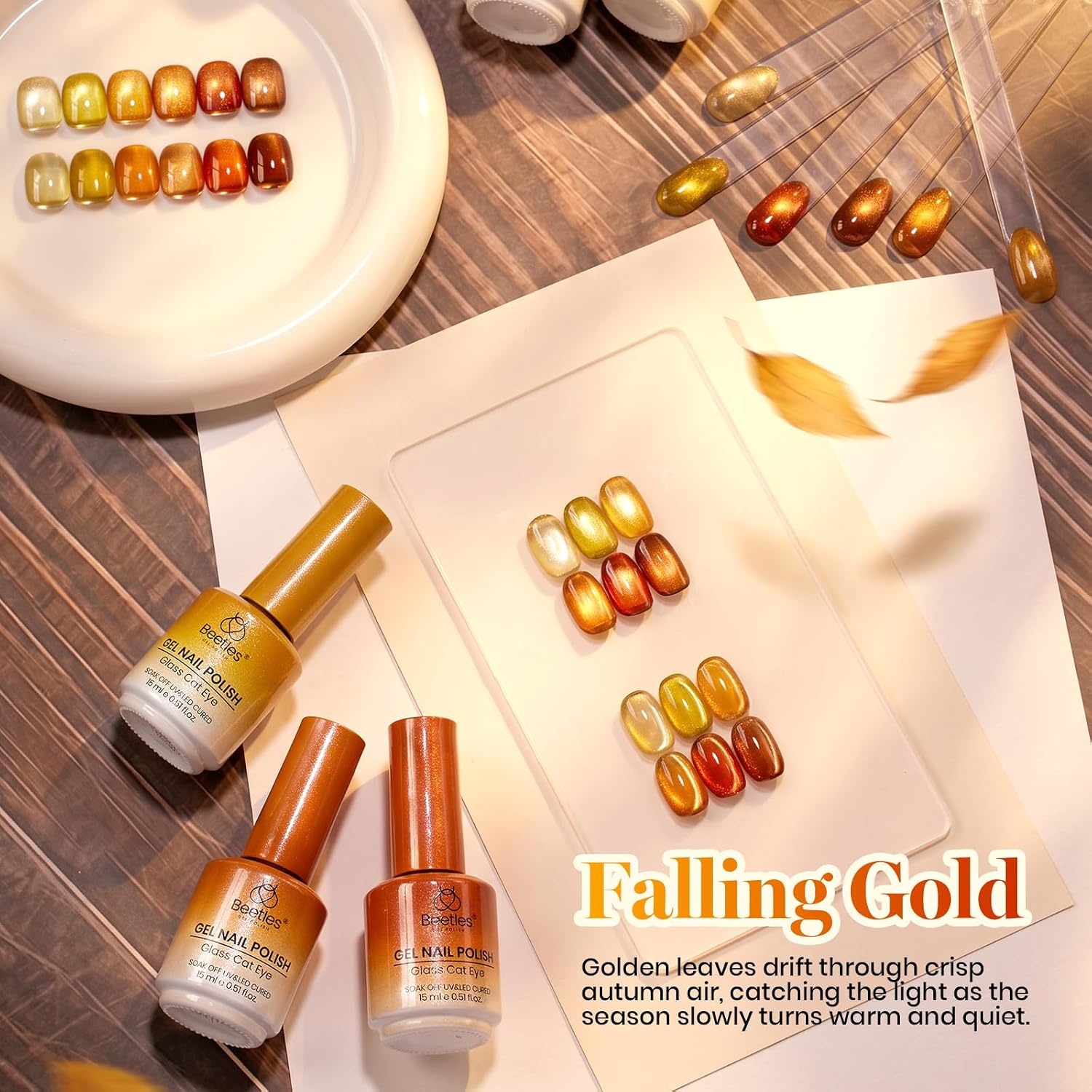 image:imageBeetles Brown Cat Eye Gel Nail Polish Set Gilded Amber Fall Gel Polish 6 Colors 15ML Full Size Glitter Gel Nail Kit Glass Cat Eye Magnetic Effect Soak Off UV Nail Art Salon DIY Gift for WomenFalling Gold