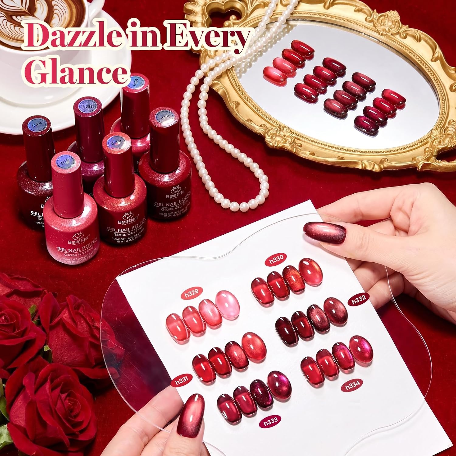 image:imageBeetles Brown Cat Eye Gel Nail Polish Set Gilded Amber Fall Gel Polish 6 Colors 15ML Full Size Glitter Gel Nail Kit Glass Cat Eye Magnetic Effect Soak Off UV Nail Art Salon DIY Gift for WomenFatal Rose