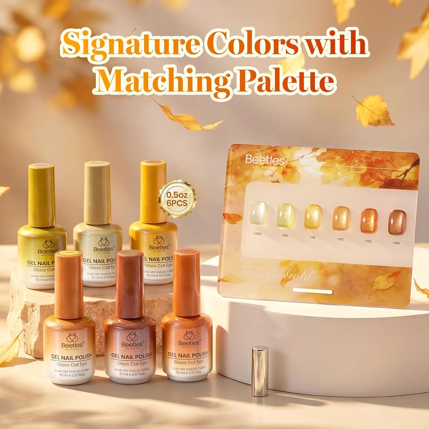 image:imageBeetles Brown Cat Eye Gel Nail Polish Set Gilded Amber Fall Gel Polish 6 Colors 15ML Full Size Glitter Gel Nail Kit Glass Cat Eye Magnetic Effect Soak Off UV Nail Art Salon DIY Gift for WomenFalling Gold
