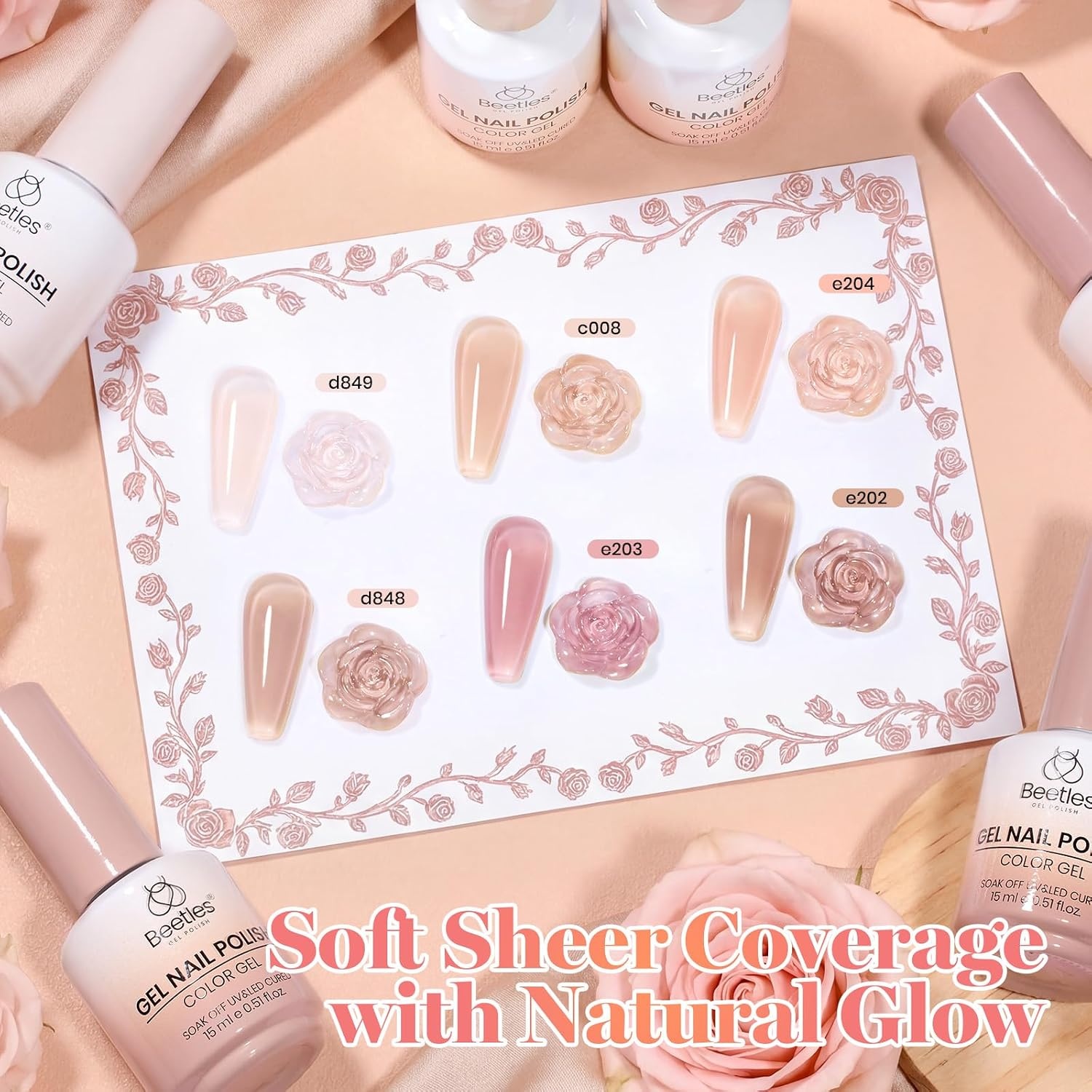 image:imageBeetles Brown Cat Eye Gel Nail Polish Set Gilded Amber Fall Gel Polish 6 Colors 15ML Full Size Glitter Gel Nail Kit Glass Cat Eye Magnetic Effect Soak Off UV Nail Art Salon DIY Gift for WomenEarthy Rose