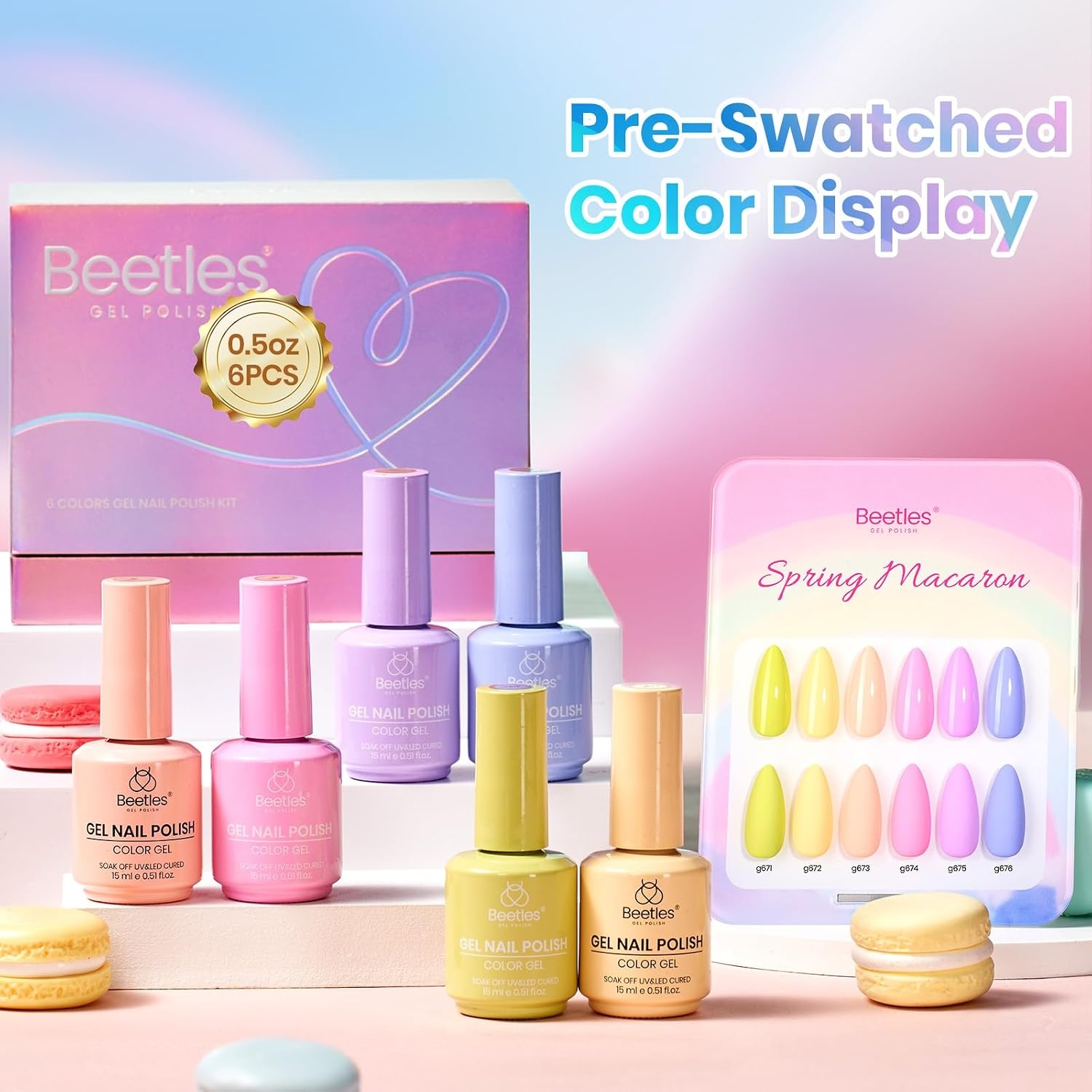 image:imageBeetles Brown Cat Eye Gel Nail Polish Set Gilded Amber Fall Gel Polish 6 Colors 15ML Full Size Glitter Gel Nail Kit Glass Cat Eye Magnetic Effect Soak Off UV Nail Art Salon DIY Gift for WomenSpring Macaron