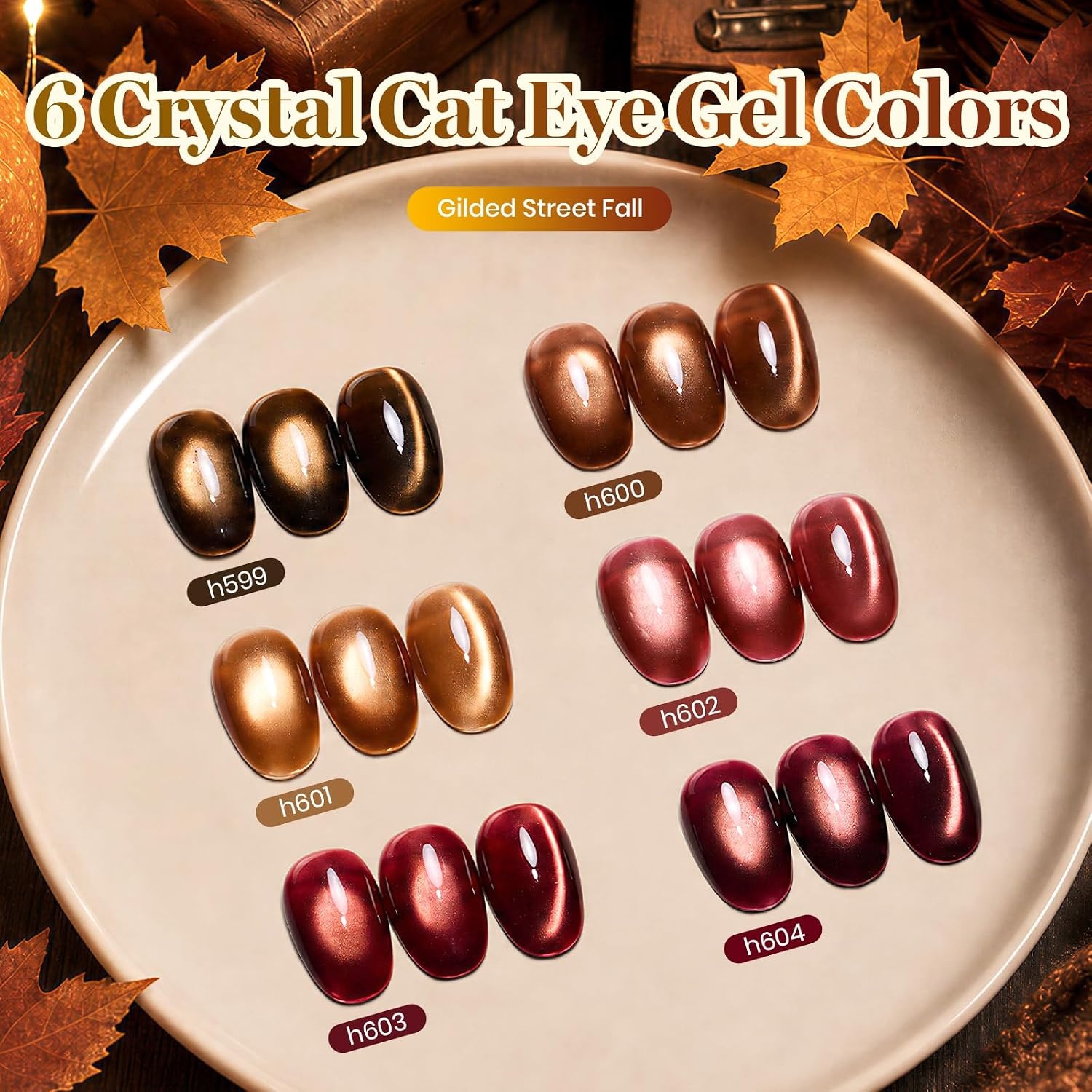 image:imageBeetles Cat Eye Gel Nail Polish Set Gilded Street 6 Colors Fall Gel Polish Glitter Gel Nail Kit Brown Red Gold Green 3D Shimmer Effect Soak Off UV DIY Salon Nail Art Fall Manicure Gift for WomenA Glassy Mixed Finishes Gilded Street Fall