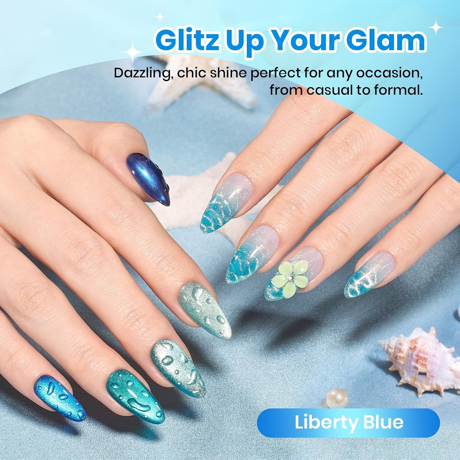 image:imageBeetles Cat Eye Gel Nail Polish Set Gilded Street 6 Colors Fall Gel Polish Glitter Gel Nail Kit Brown Red Gold Green 3D Shimmer Effect Soak Off UV DIY Salon Nail Art Fall Manicure Gift for WomenD Glassy Blue Liberty Blue