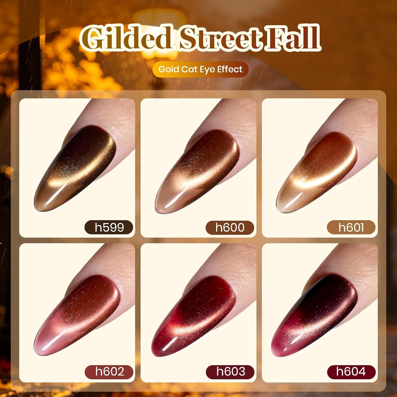 image:imageBeetles Cat Eye Gel Nail Polish Set Gilded Street 6 Colors Fall Gel Polish Glitter Gel Nail Kit Brown Red Gold Green 3D Shimmer Effect Soak Off UV DIY Salon Nail Art Fall Manicure Gift for WomenA Glassy Mixed Finishes Gilded Street Fall