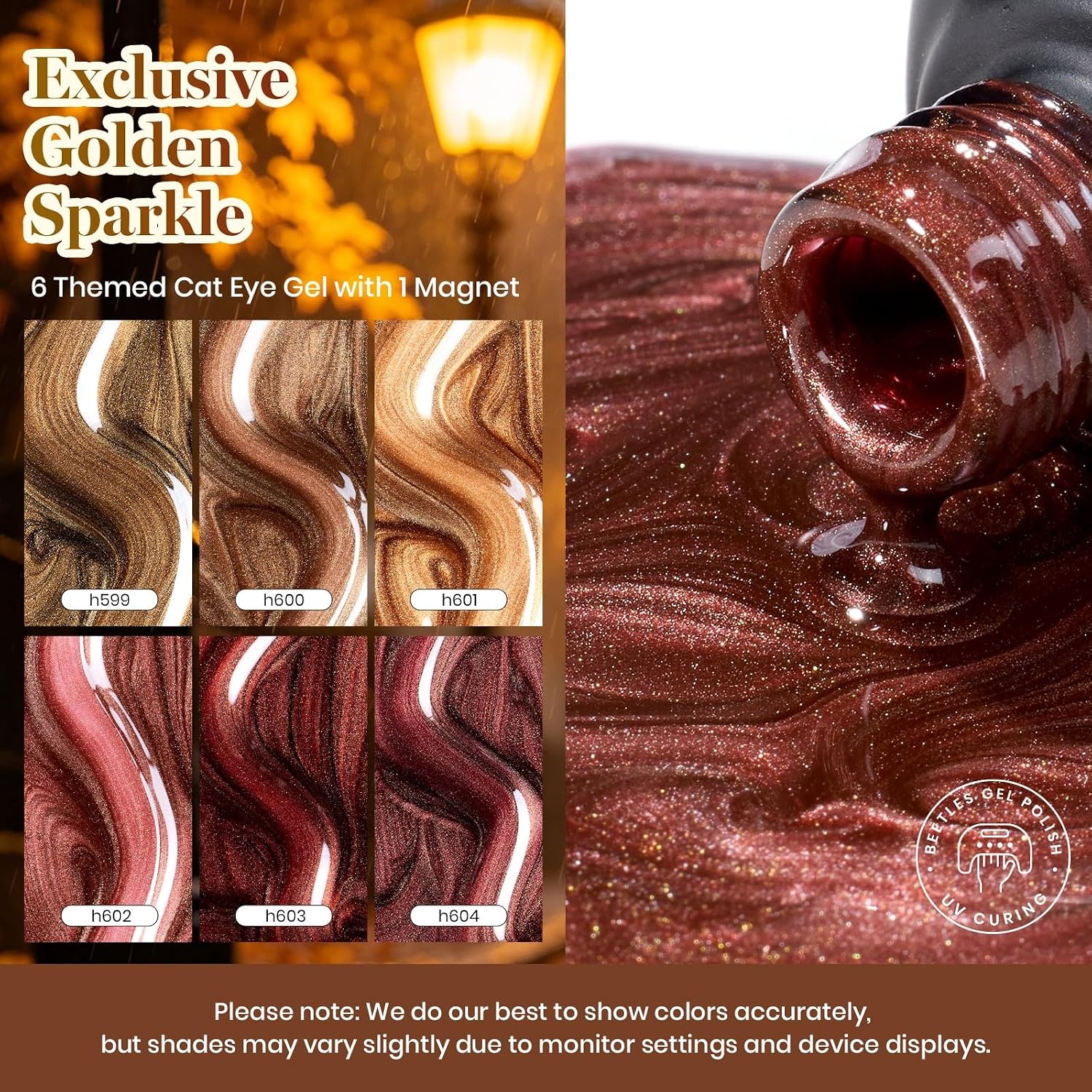 image:imageBeetles Cat Eye Gel Nail Polish Set Gilded Street 6 Colors Fall Gel Polish Glitter Gel Nail Kit Brown Red Gold Green 3D Shimmer Effect Soak Off UV DIY Salon Nail Art Fall Manicure Gift for WomenA Glassy Mixed Finishes Gilded Street Fall