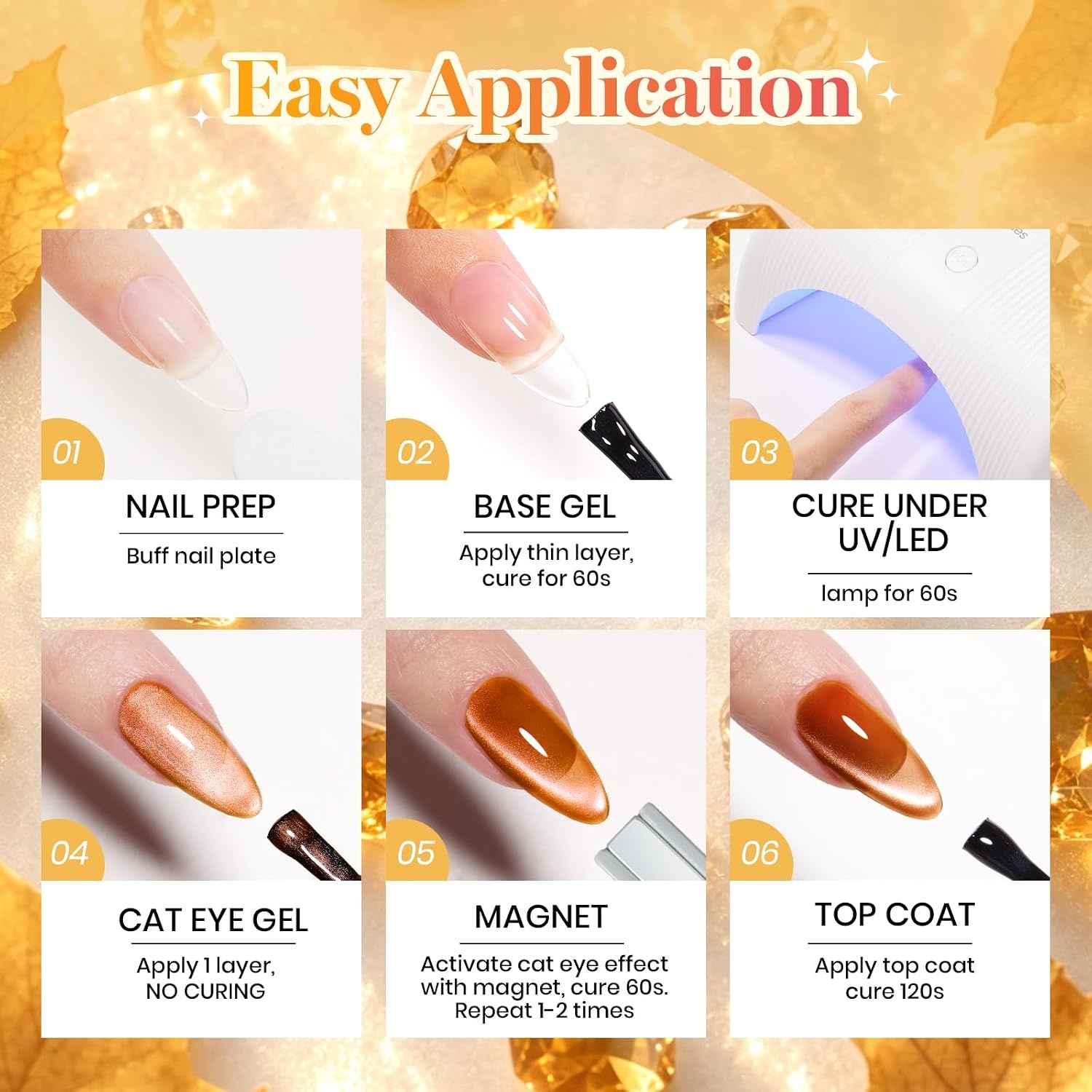 image:imageBeetles Fall Cat Eye Gel Nail Polish Set Gilded Leaves 6 Colors Amber Brown Gold Nude Magnetic Glitter Gel Polish Soak Off UV Nail Gel for DIY Manicure Nail Art Salon Use Gift for WomenA Glass Cat Eye Gilded Leaves