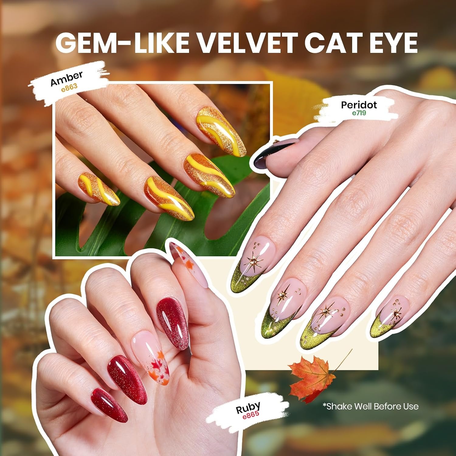 image:imageBeetles Fall Cat Eye Gel Nail Polish Set Gilded Leaves 6 Colors Amber Brown Gold Nude Magnetic Glitter Gel Polish Soak Off UV Nail Gel for DIY Manicure Nail Art Salon Use Gift for Women00Autumn Oasis