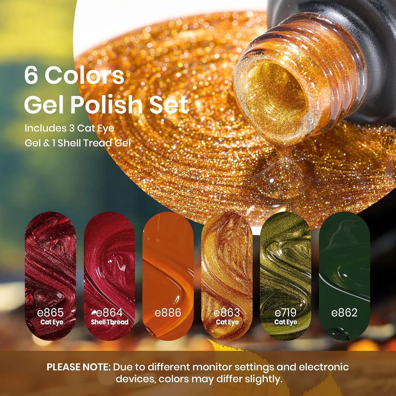 image:imageBeetles Fall Cat Eye Gel Nail Polish Set Gilded Leaves 6 Colors Amber Brown Gold Nude Magnetic Glitter Gel Polish Soak Off UV Nail Gel for DIY Manicure Nail Art Salon Use Gift for Women00Autumn Oasis