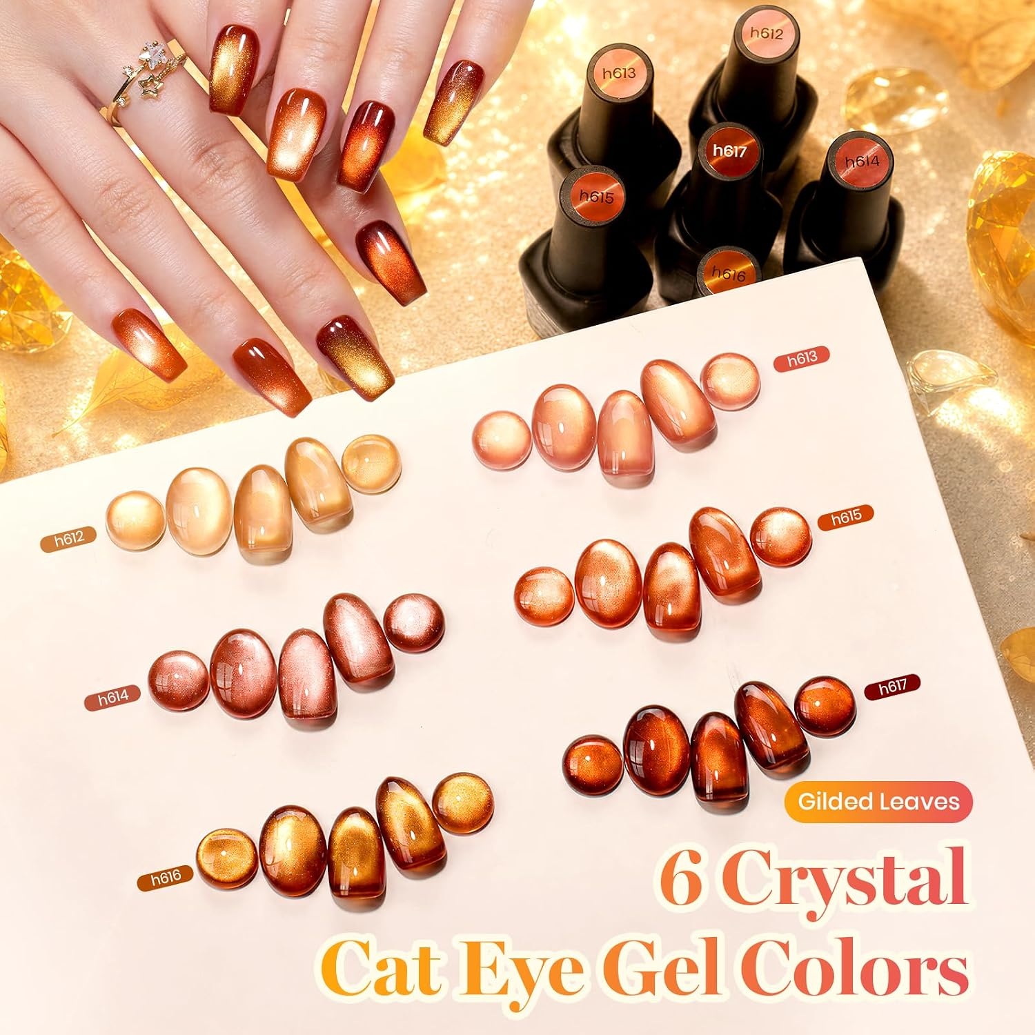 image:imageBeetles Fall Cat Eye Gel Nail Polish Set Gilded Leaves 6 Colors Amber Brown Gold Nude Magnetic Glitter Gel Polish Soak Off UV Nail Gel for DIY Manicure Nail Art Salon Use Gift for WomenA Glass Cat Eye Gilded Leaves