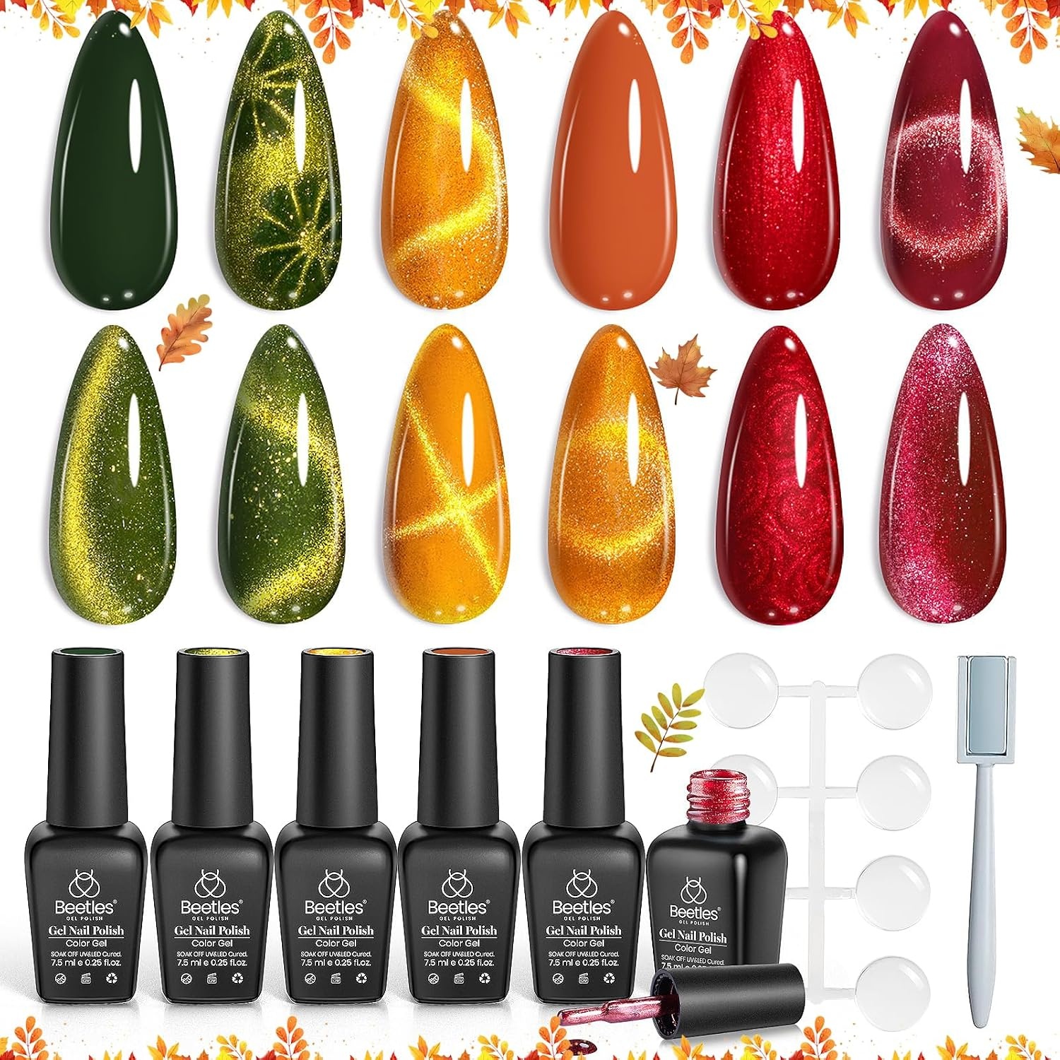 image:imageBeetles Fall Cat Eye Gel Nail Polish Set Gilded Leaves 6 Colors Amber Brown Gold Nude Magnetic Glitter Gel Polish Soak Off UV Nail Gel for DIY Manicure Nail Art Salon Use Gift for Women00Autumn Oasis