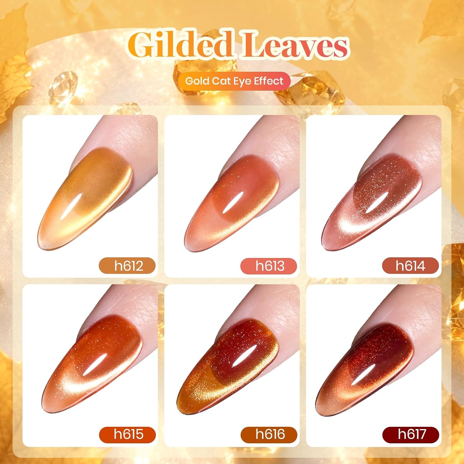image:imageBeetles Fall Cat Eye Gel Nail Polish Set Gilded Leaves 6 Colors Amber Brown Gold Nude Magnetic Glitter Gel Polish Soak Off UV Nail Gel for DIY Manicure Nail Art Salon Use Gift for WomenA Glass Cat Eye Gilded Leaves
