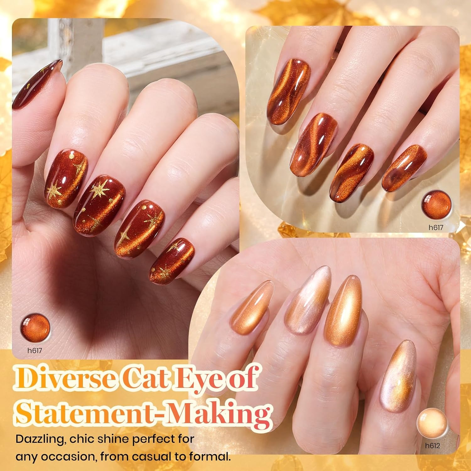 image:imageBeetles Fall Cat Eye Gel Nail Polish Set Gilded Leaves 6 Colors Amber Brown Gold Nude Magnetic Glitter Gel Polish Soak Off UV Nail Gel for DIY Manicure Nail Art Salon Use Gift for WomenA Glass Cat Eye Gilded Leaves