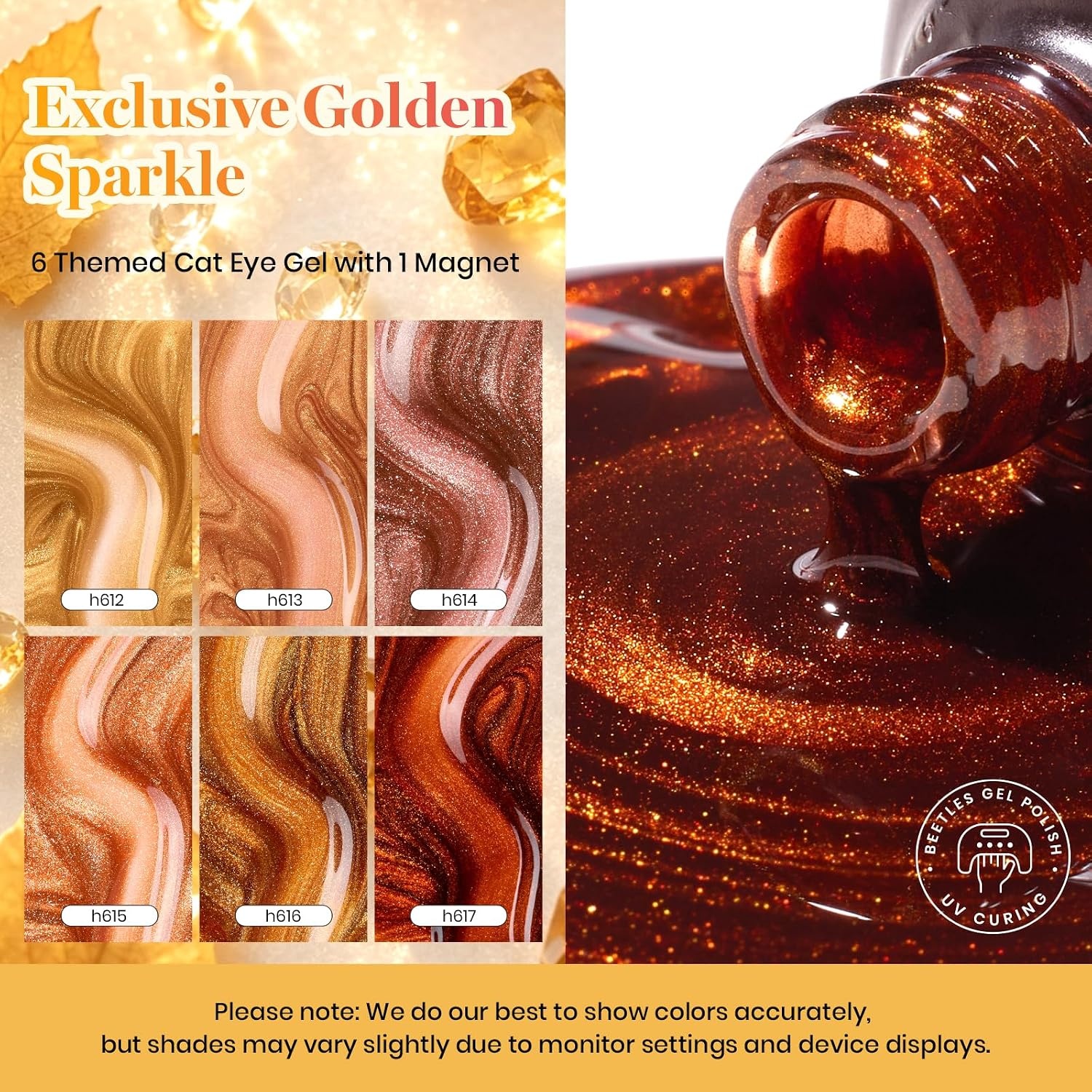 image:imageBeetles Fall Cat Eye Gel Nail Polish Set Gilded Leaves 6 Colors Amber Brown Gold Nude Magnetic Glitter Gel Polish Soak Off UV Nail Gel for DIY Manicure Nail Art Salon Use Gift for WomenA Glass Cat Eye Gilded Leaves
