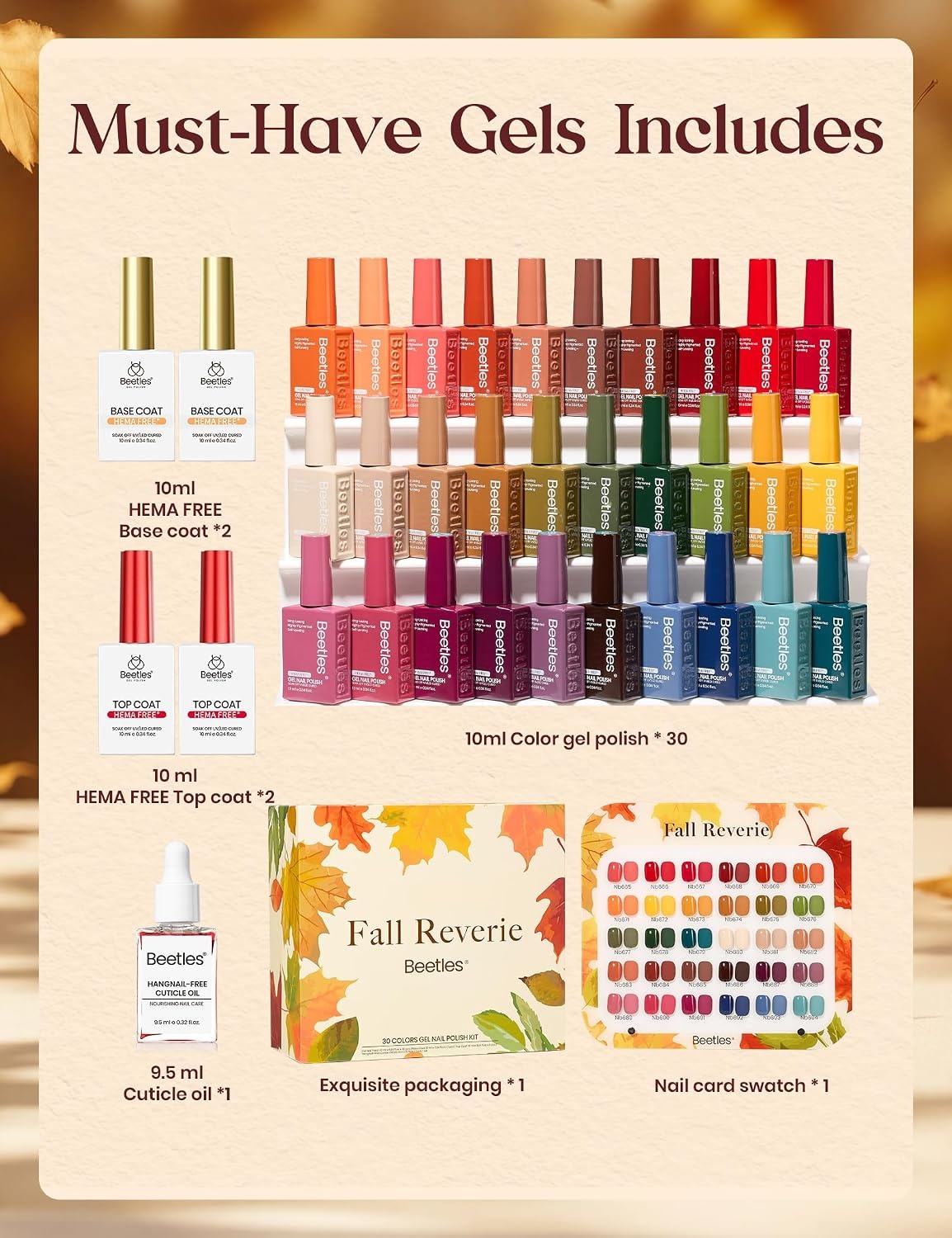 image:imageBeetles Fall Gel Polish Set Amber Season with Color Card 6 Colors Yellow Brown Gel Nail Polish Set 15ML Full Size Same Color Same Bottle LongLasting Soak Off UV Lamp Fall Nails ArtRetro Reverie