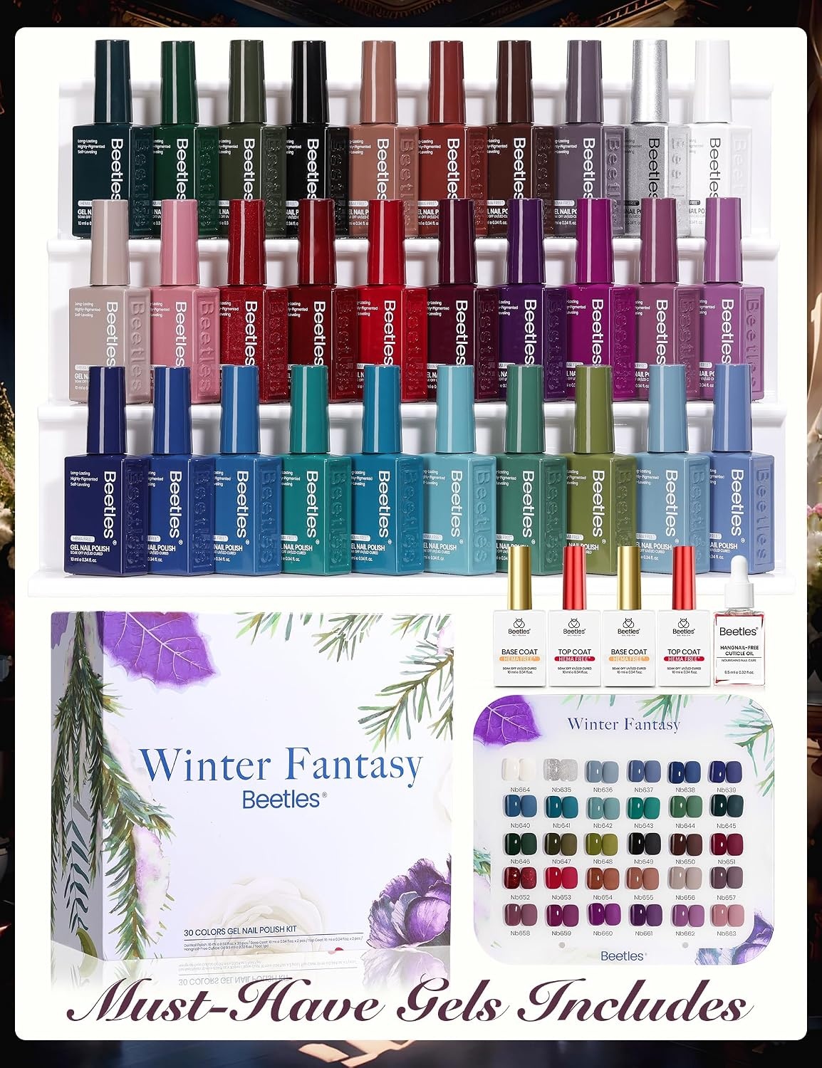 image:imageBeetles Fall Gel Polish Set  Amber Season with Color Card 6 Colors Yellow Brown Gel Nail Polish Set 15ML Full Size Same Color Same Bottle LongLasting Soak Off UV Lamp Fall Nails Art000Winter Fantasy