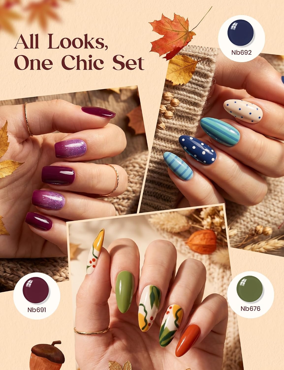 image:imageBeetles Fall Gel Polish Set Amber Season with Color Card 6 Colors Yellow Brown Gel Nail Polish Set 15ML Full Size Same Color Same Bottle LongLasting Soak Off UV Lamp Fall Nails ArtRetro Reverie