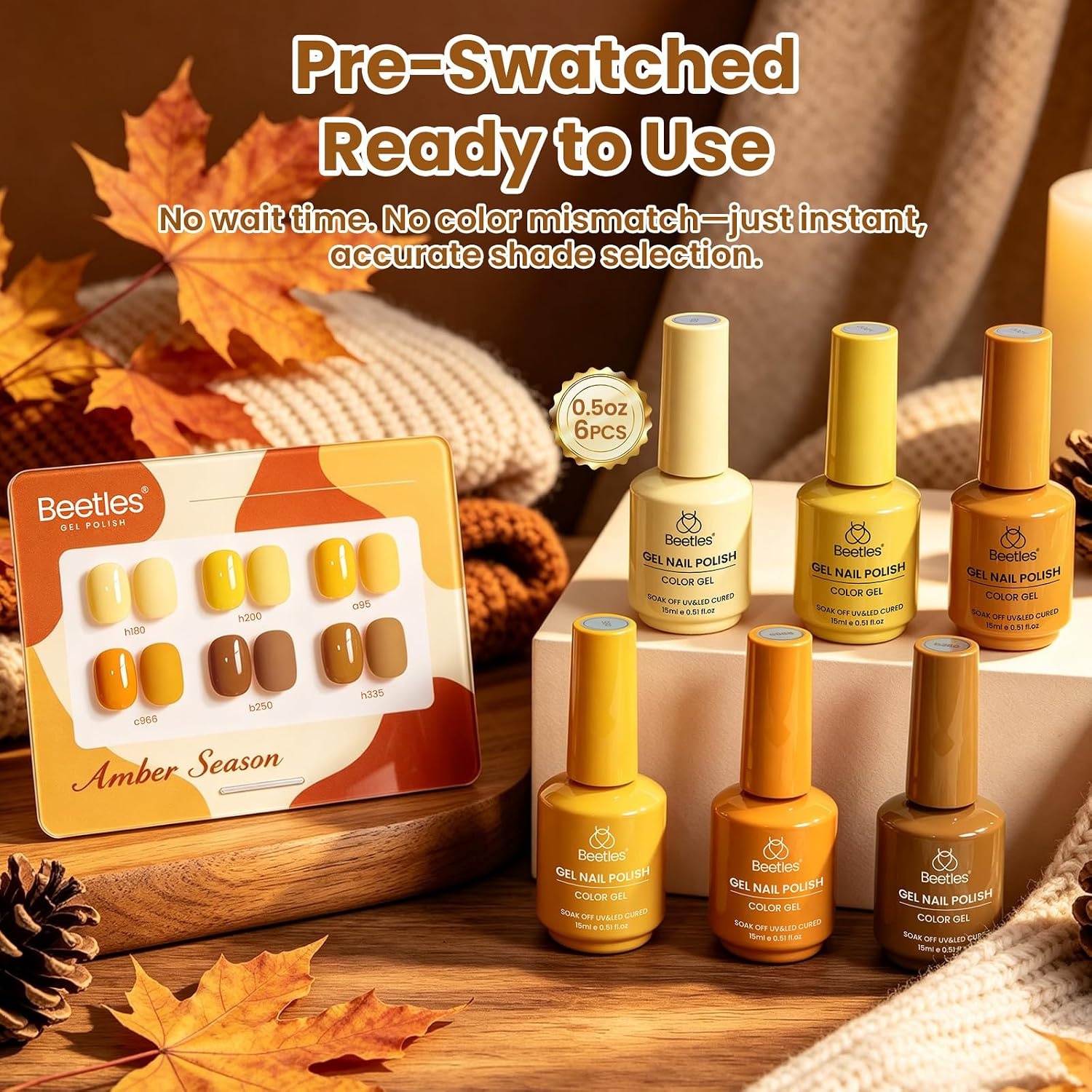 image:imageBeetles Fall Gel Polish Set Amber Season with Color Card 6 Colors Yellow Brown Gel Nail Polish Set 15ML Full Size Same Color Same Bottle LongLasting Soak Off UV Lamp Fall Nails ArtAmber Season