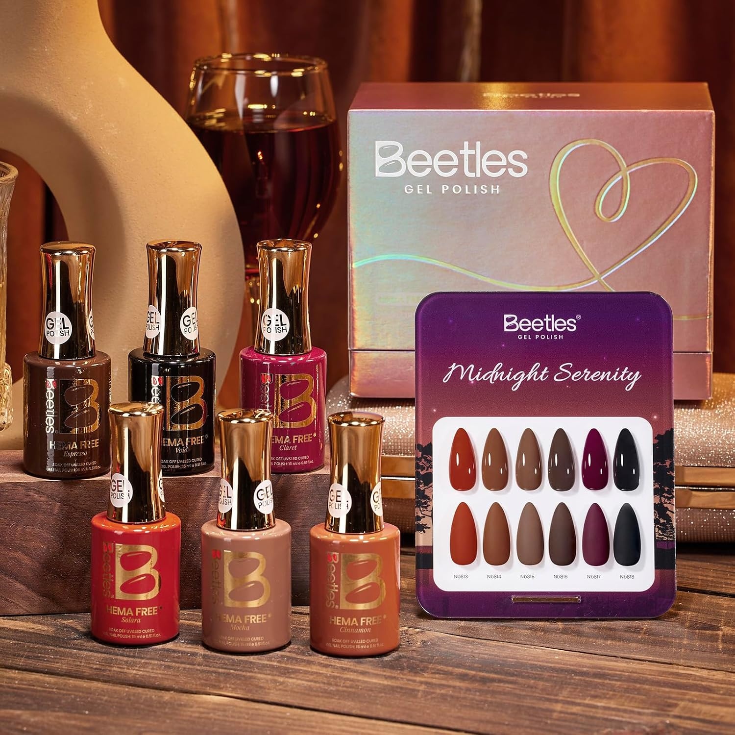 image:imageBeetles Fall Gel Polish Set Amber Season with Color Card 6 Colors Yellow Brown Gel Nail Polish Set 15ML Full Size Same Color Same Bottle LongLasting Soak Off UV Lamp Fall Nails Art000Midnight Serenity