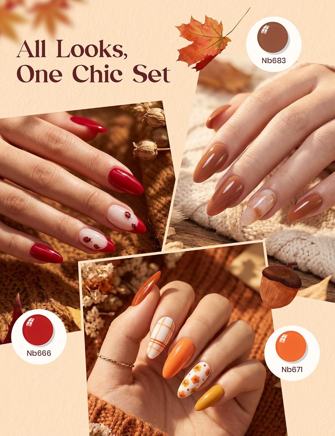 image:imageBeetles Fall Gel Polish Set Amber Season with Color Card 6 Colors Yellow Brown Gel Nail Polish Set 15ML Full Size Same Color Same Bottle LongLasting Soak Off UV Lamp Fall Nails ArtRetro Reverie