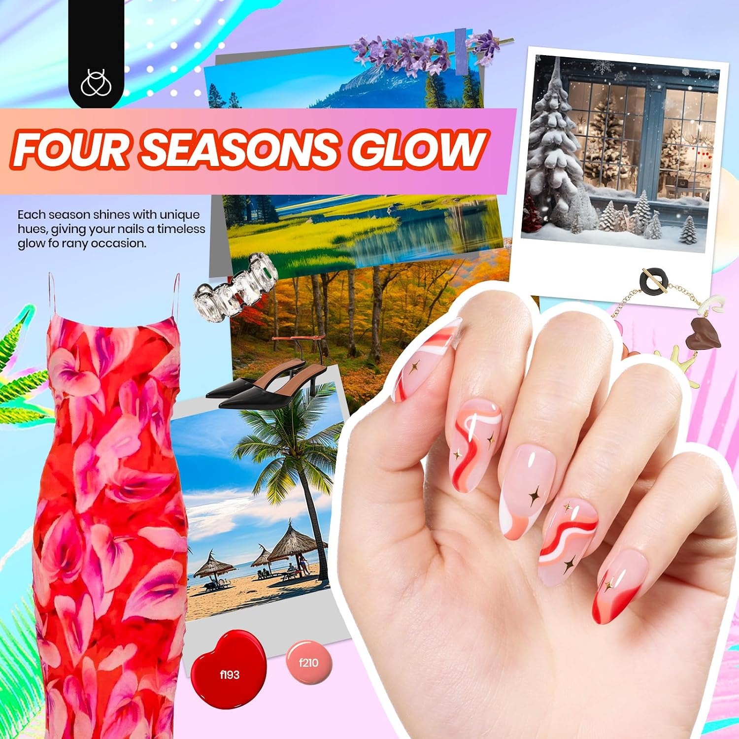 image:imageBeetles Fall Gel Polish Set Fall Passage Collection 25 Autumn Colors Burgundy Brown Orange Dark Gel Polish Base Glossy Matte Top Coat UV LED Soak Off Gifts for Women5Four Seasons Glow 54PCS 32 Colors