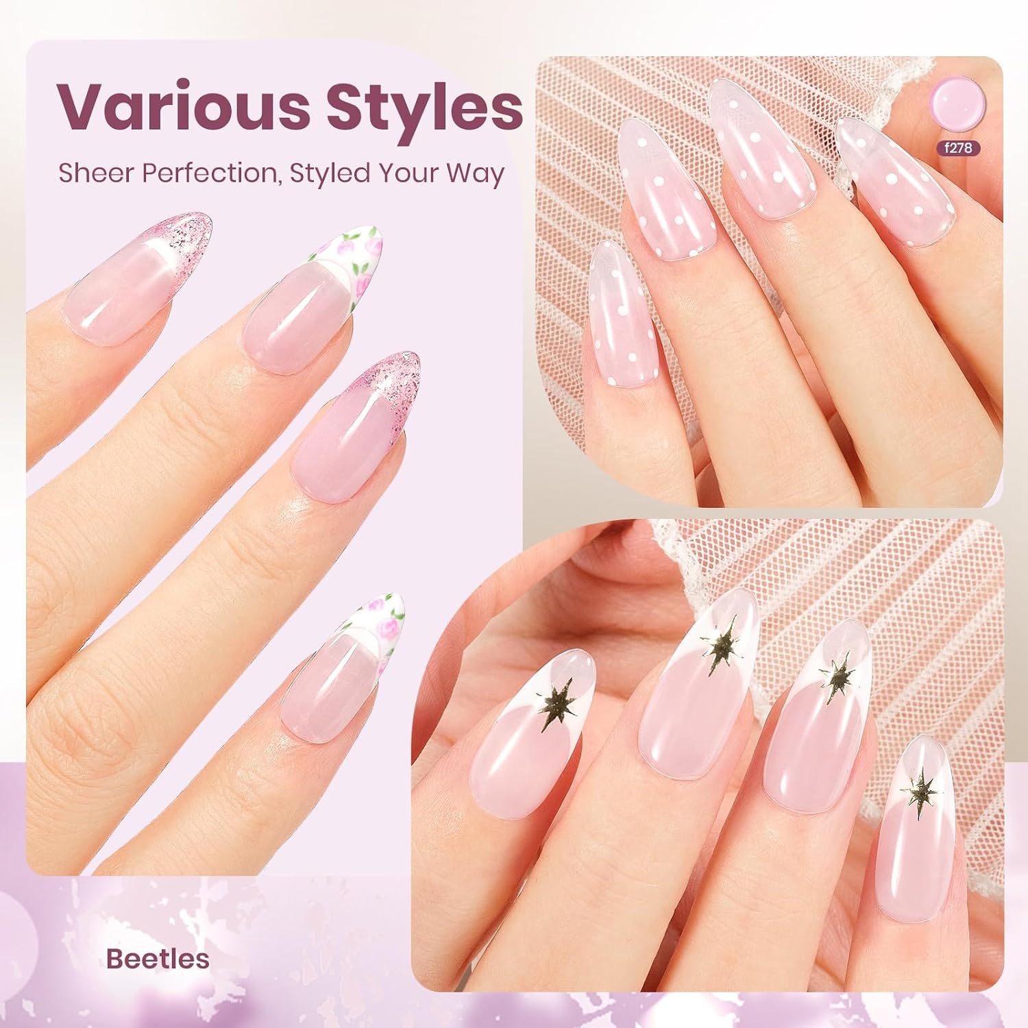 image:imageBeetles Nude Gel Nail Polish Cinnamon Black Tea 15ML Neutral Jelly Warm Nude Pink Nail Polish Base Color Nail Concealer Sheer Translucent Effect Soak Off UV French Nail Art Salon DIY Manicure GiftJ Sheer Purple Lilac Ripple