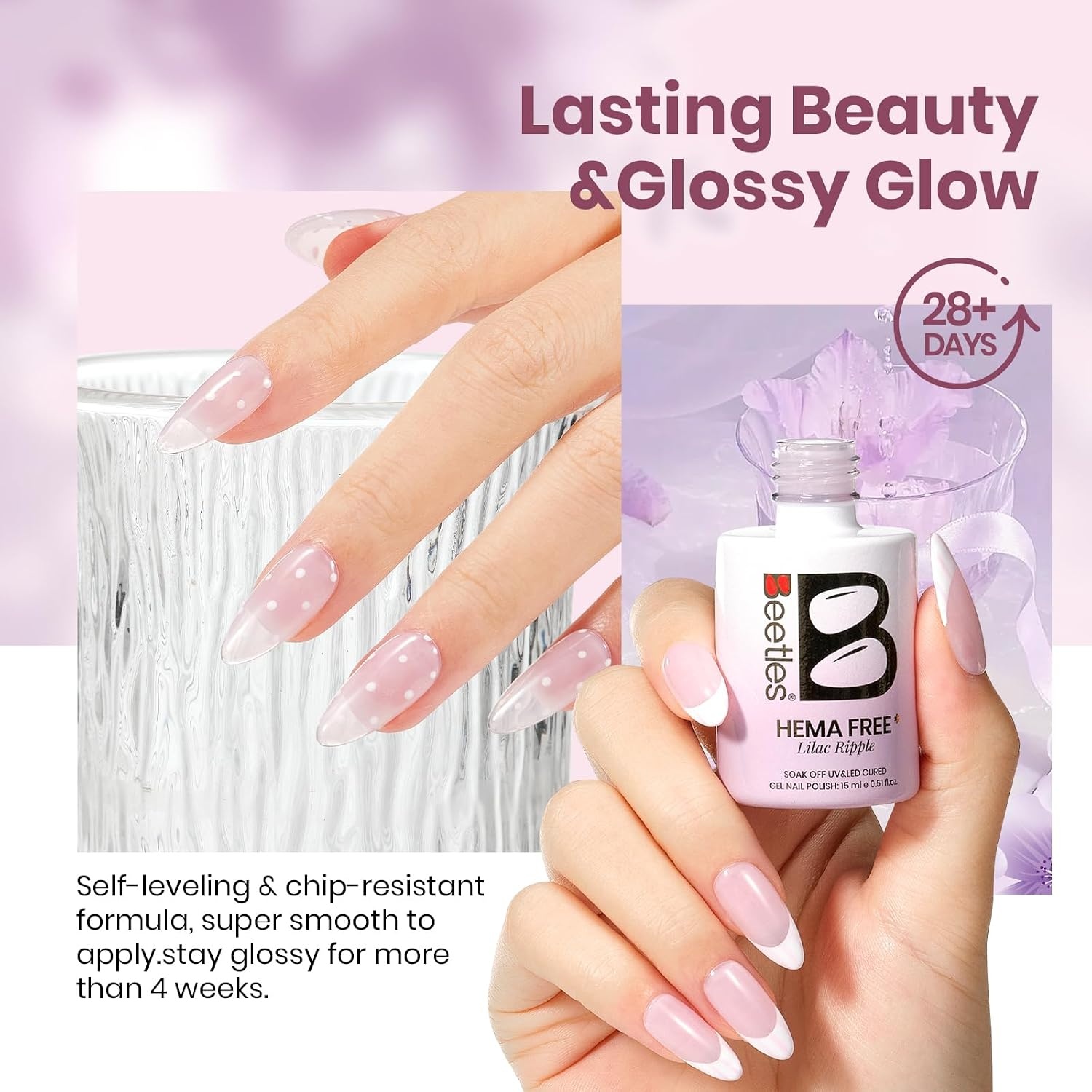 image:imageBeetles Nude Gel Nail Polish Cinnamon Black Tea 15ML Neutral Jelly Warm Nude Pink Nail Polish Base Color Nail Concealer Sheer Translucent Effect Soak Off UV French Nail Art Salon DIY Manicure GiftJ Sheer Purple Lilac Ripple
