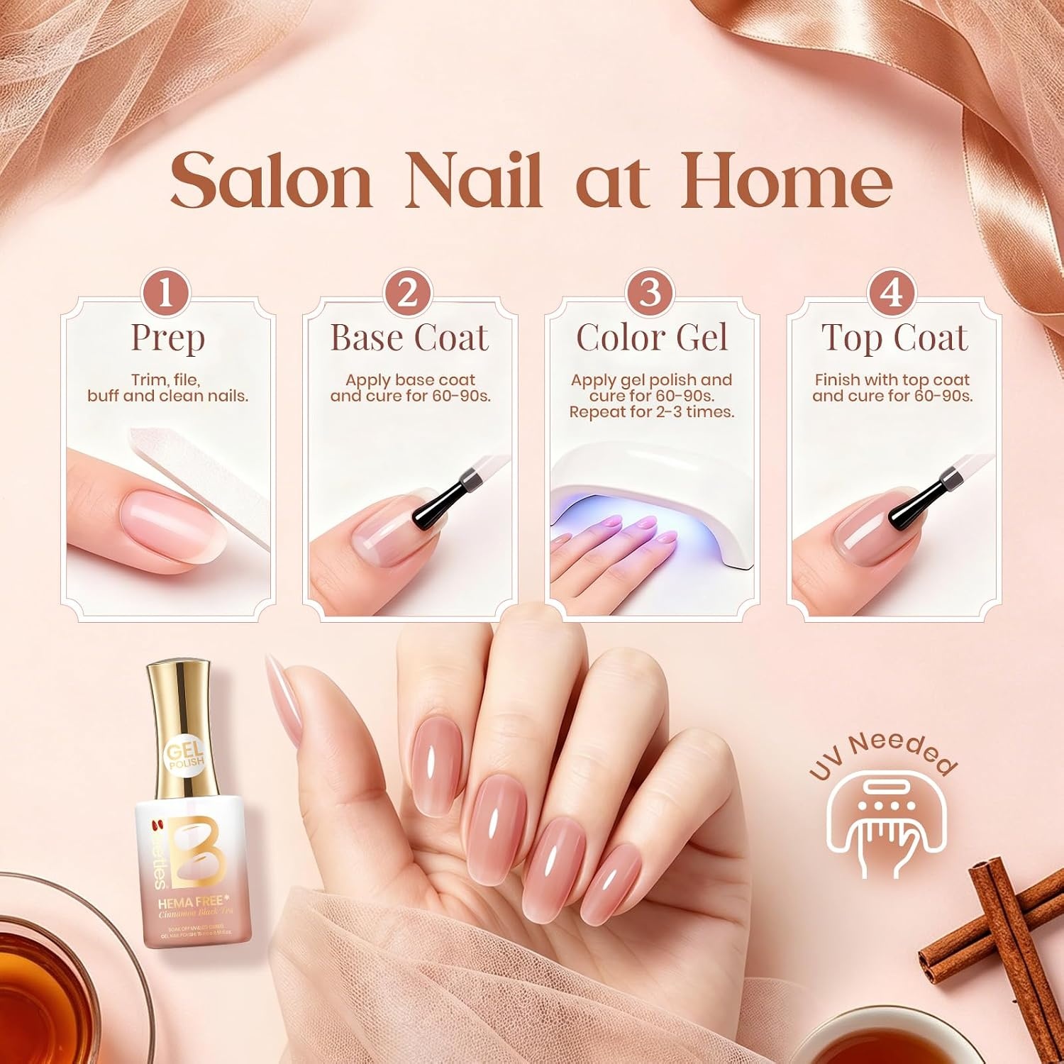 image:imageBeetles Nude Gel Nail Polish Cinnamon Black Tea 15ML Neutral Jelly Warm Nude Pink Nail Polish Base Color Nail Concealer Sheer Translucent Effect Soak Off UV French Nail Art Salon DIY Manicure GiftE Creme Nude Cinnamon Black Tea