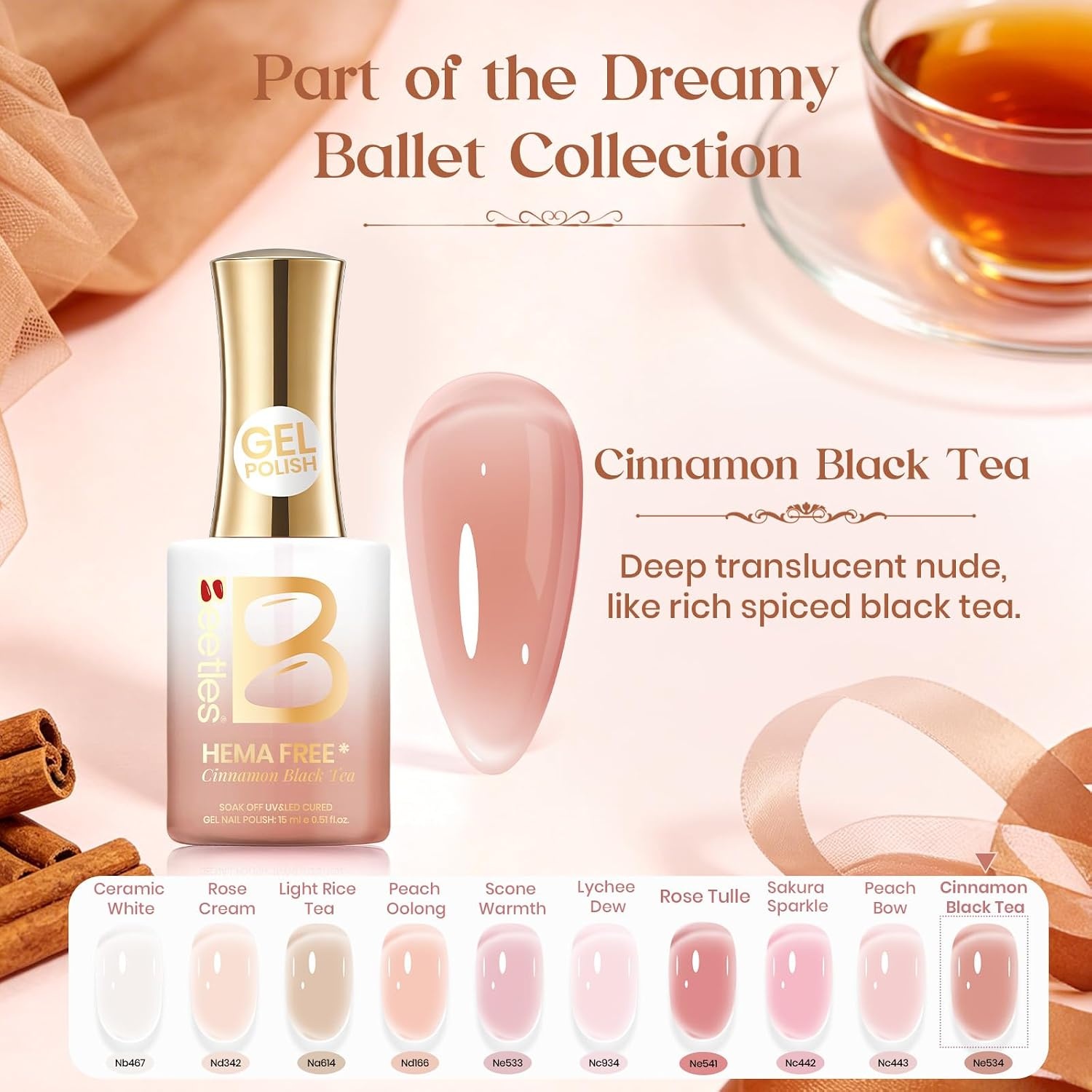 image:imageBeetles Nude Gel Nail Polish Cinnamon Black Tea 15ML Neutral Jelly Warm Nude Pink Nail Polish Base Color Nail Concealer Sheer Translucent Effect Soak Off UV French Nail Art Salon DIY Manicure GiftE Creme Nude Cinnamon Black Tea