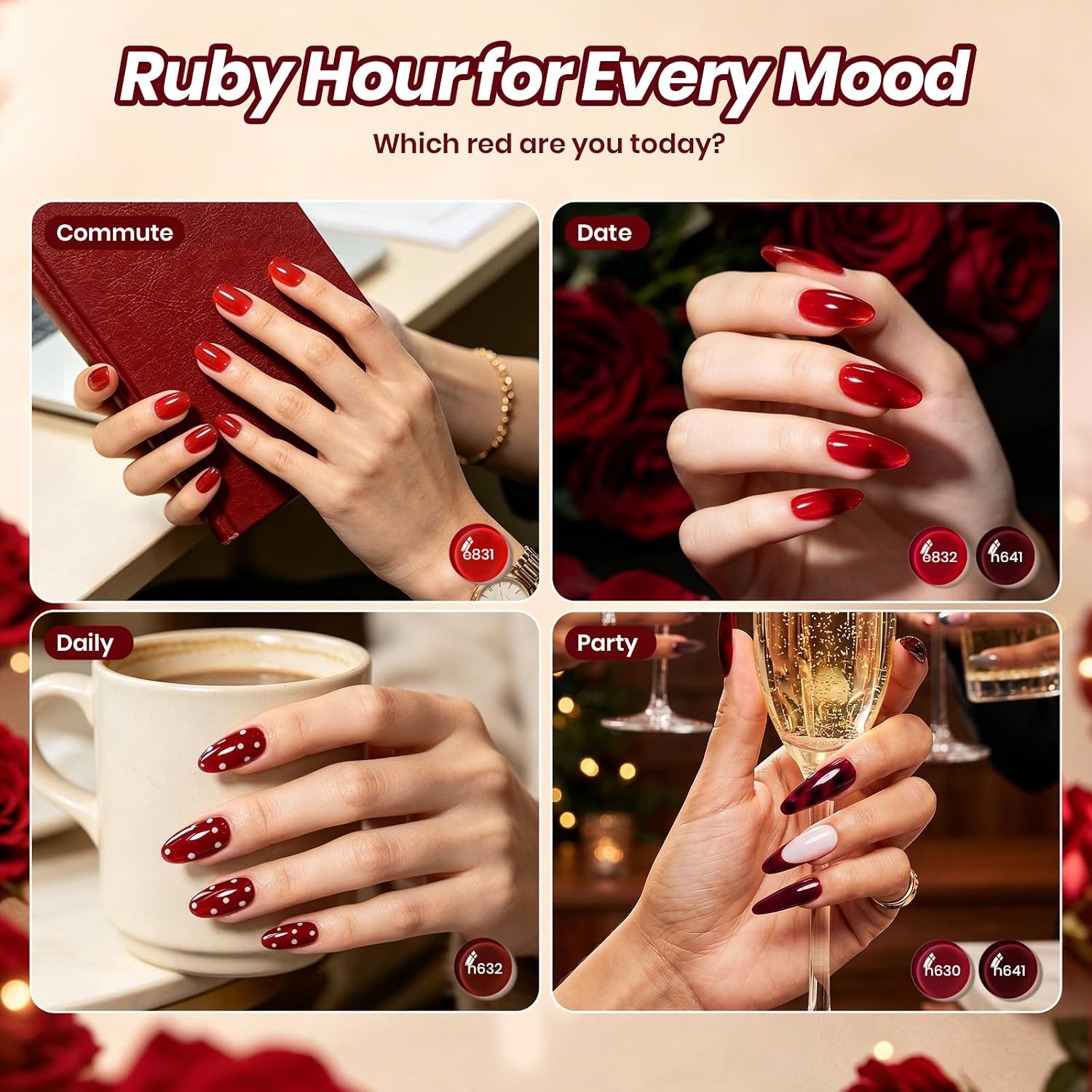 image:imageBeetles Red Gel Nail Polish Set Ruby Hour 6 Colors Jelly Gel Polish Kit Fall Gel Nail Kit Burgundy Wine Red Cherry Brown Sheer Translucent Effect Soak Off UV Salon DIY Gift for WomenA Sheer Red Ruby Hour