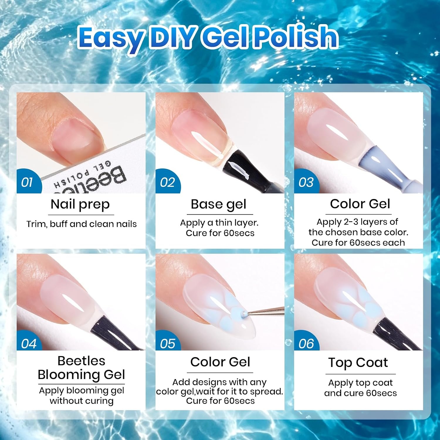 image:imageBeetles Red Gel Nail Polish Set Ruby Hour 6 Colors Jelly Gel Polish Kit Fall Gel Nail Kit Burgundy Wine Red Cherry Brown Sheer Translucent Effect Soak Off UV Salon DIY Gift for WomenAzure Ripples