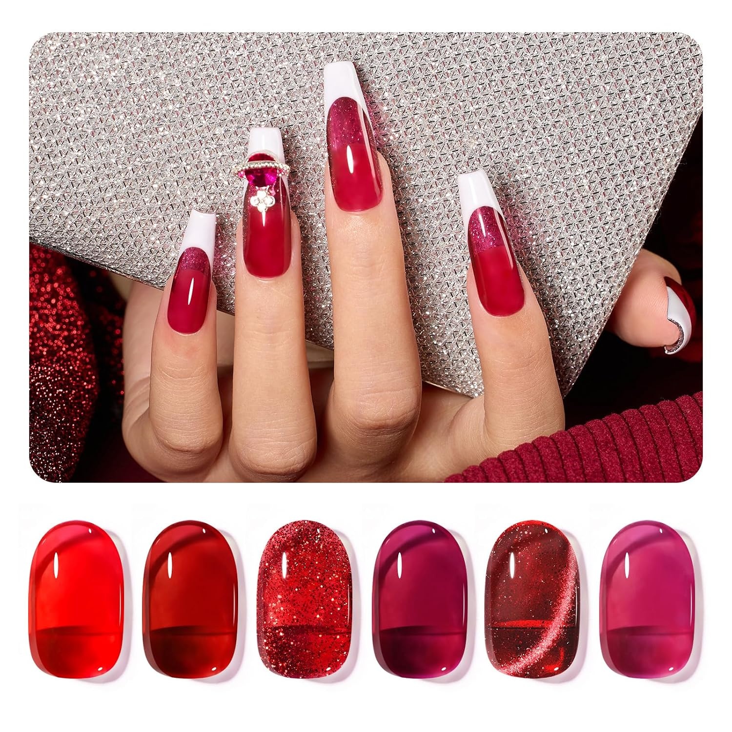 image:imageBeetles Red Gel Nail Polish Set Ruby Hour 6 Colors Jelly Gel Polish Kit Fall Gel Nail Kit Burgundy Wine Red Cherry Brown Sheer Translucent Effect Soak Off UV Salon DIY Gift for Women00Red Revival