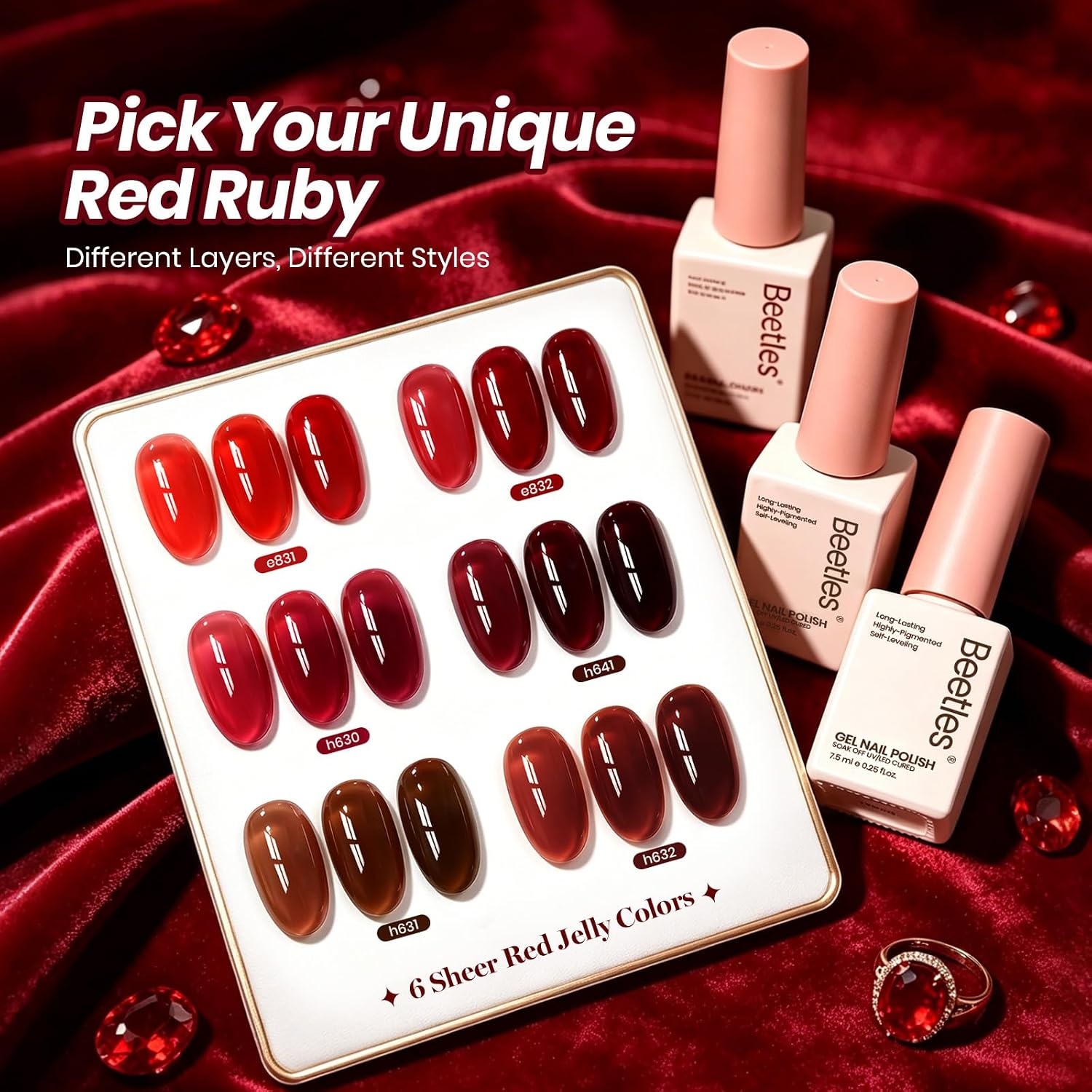 image:imageBeetles Red Gel Nail Polish Set Ruby Hour 6 Colors Jelly Gel Polish Kit Fall Gel Nail Kit Burgundy Wine Red Cherry Brown Sheer Translucent Effect Soak Off UV Salon DIY Gift for WomenA Sheer Red Ruby Hour