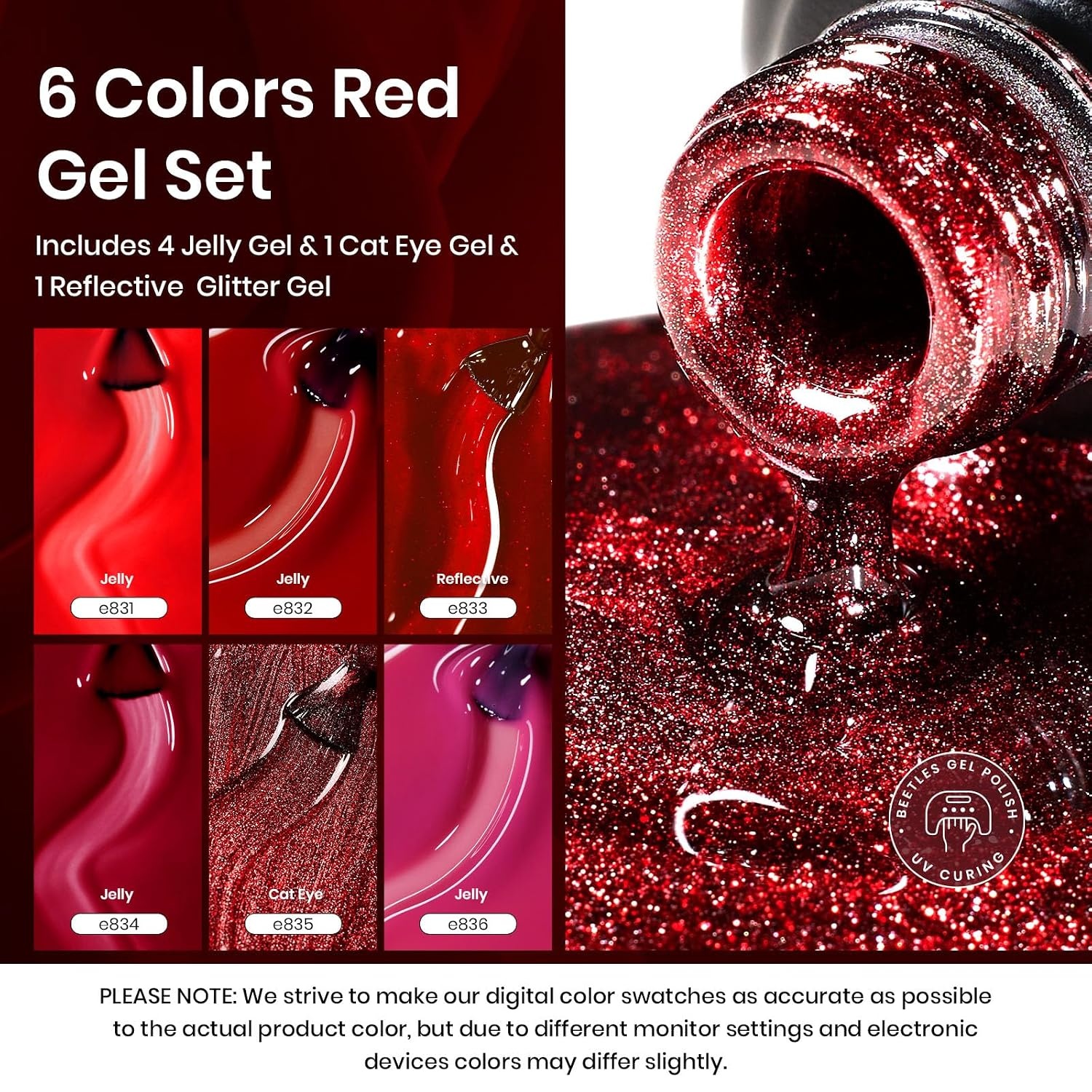 image:imageBeetles Red Gel Nail Polish Set Ruby Hour 6 Colors Jelly Gel Polish Kit Fall Gel Nail Kit Burgundy Wine Red Cherry Brown Sheer Translucent Effect Soak Off UV Salon DIY Gift for Women00Red Revival