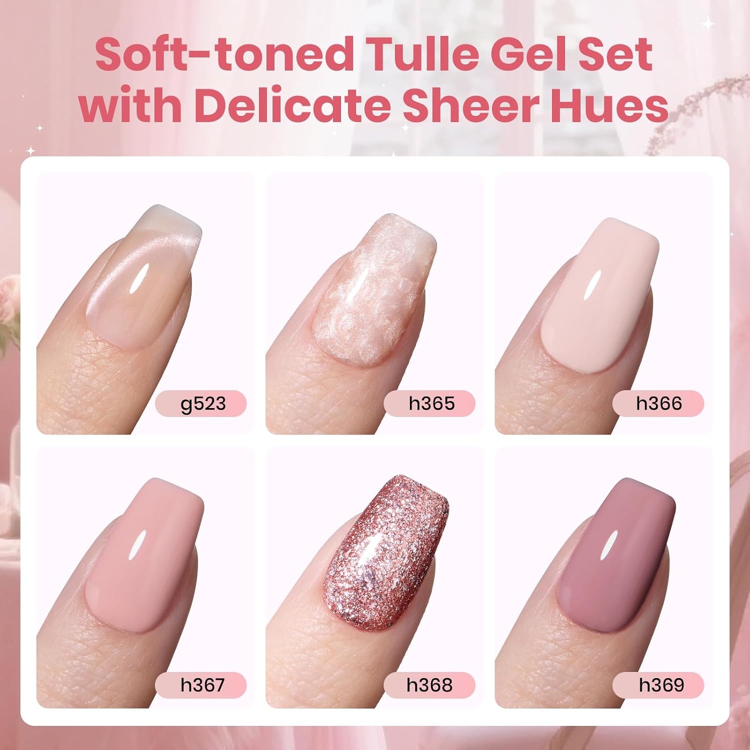 image:imageBeetles Red Gel Nail Polish Set Ruby Hour 6 Colors Jelly Gel Polish Kit Fall Gel Nail Kit Burgundy Wine Red Cherry Brown Sheer Translucent Effect Soak Off UV Salon DIY Gift for WomenSofttoned Tulle