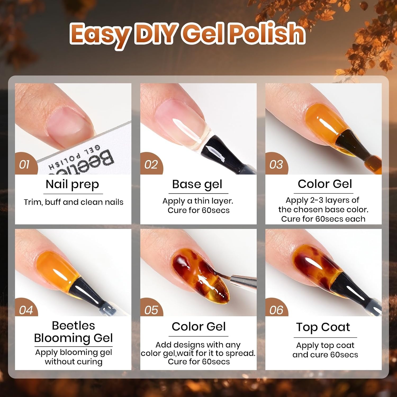 image:imageBeetles Red Gel Nail Polish Set Ruby Hour 6 Colors Jelly Gel Polish Kit Fall Gel Nail Kit Burgundy Wine Red Cherry Brown Sheer Translucent Effect Soak Off UV Salon DIY Gift for WomenAMixed Finishes Fall Brushstrokes