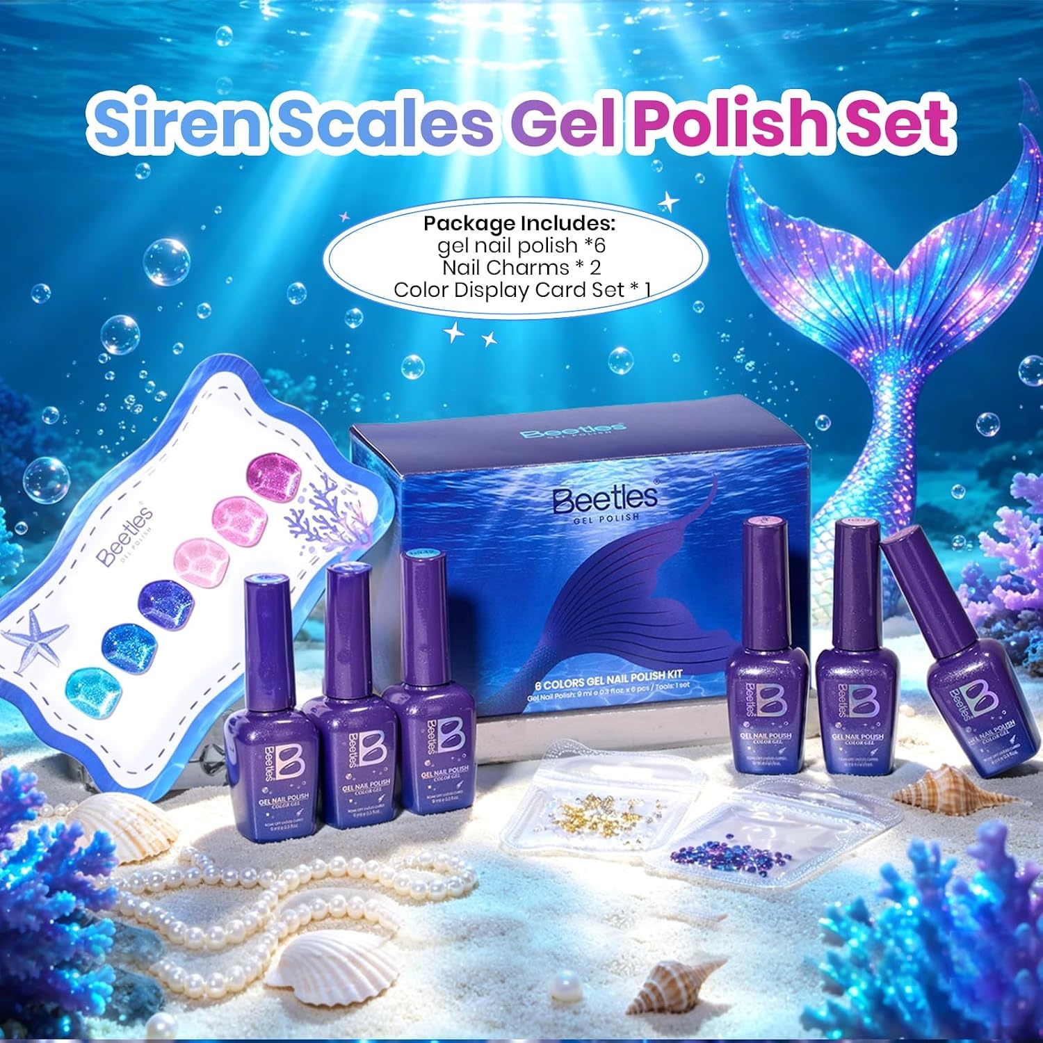 image:imageBeetles Siren Song Cat Eye Gel Nail Polish Set 6 Colors 9ml Fall Gel Blue Purple Magnetic Gel Polish Kit with Cat EyeampWater Ripple Magnets Stick Nail Charms Soak Off UV Nail Art Gift for WomenSiren Scales