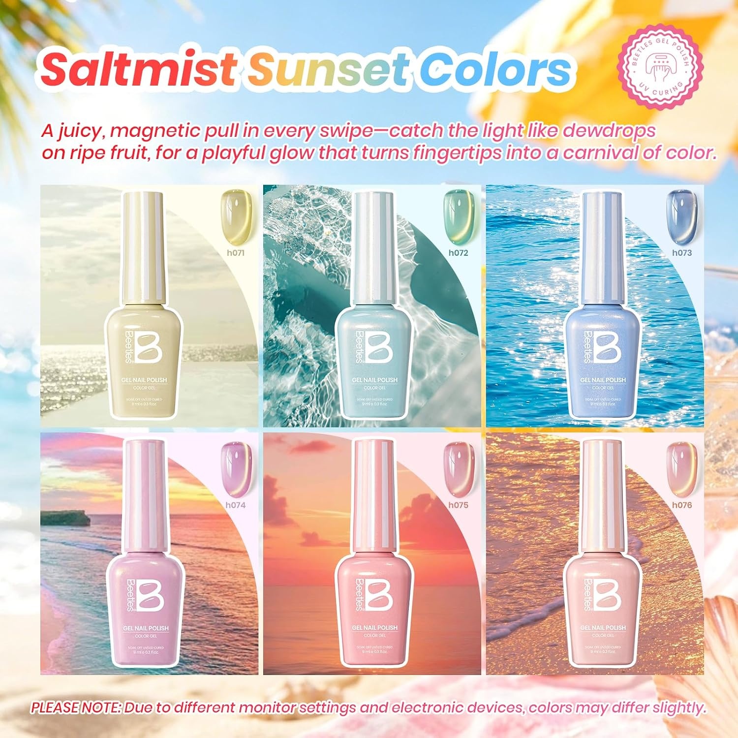 image:imageBeetles Siren Song Cat Eye Gel Nail Polish Set 6 Colors 9ml Fall Gel Blue Purple Magnetic Gel Polish Kit with Cat EyeampWater Ripple Magnets Stick Nail Charms Soak Off UV Nail Art Gift for WomenSaltmist Sunset