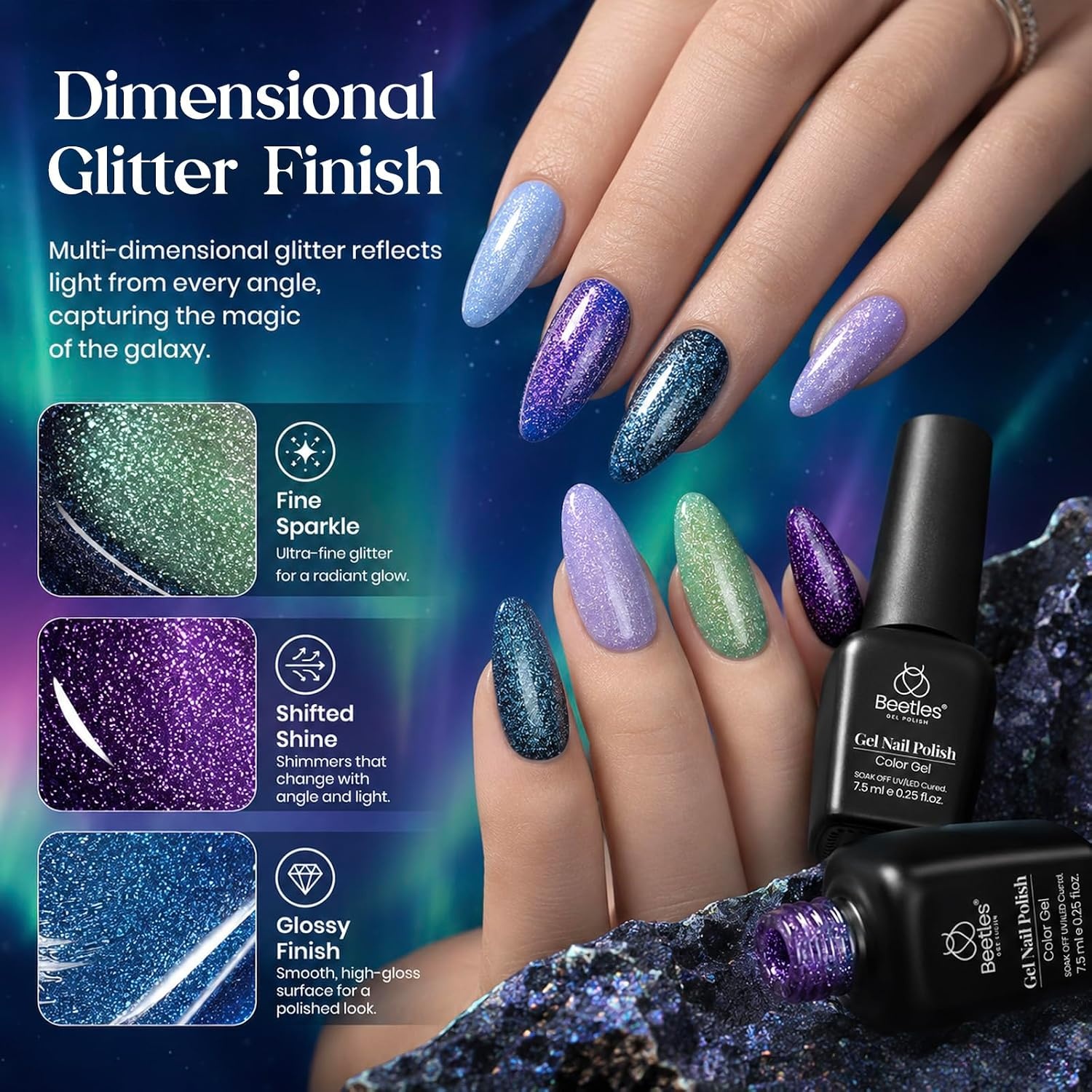 image:imageBeetles Summer Gel Nail Polish Set 5 Winter Colors Dark Blue Glitter White Light Blue Silver Gel Polish with Sealing Gel Sugar Dust Powder Nail Sticker UV LED Needed Gifts for Women Sparkling SnowKaleido Galaxy