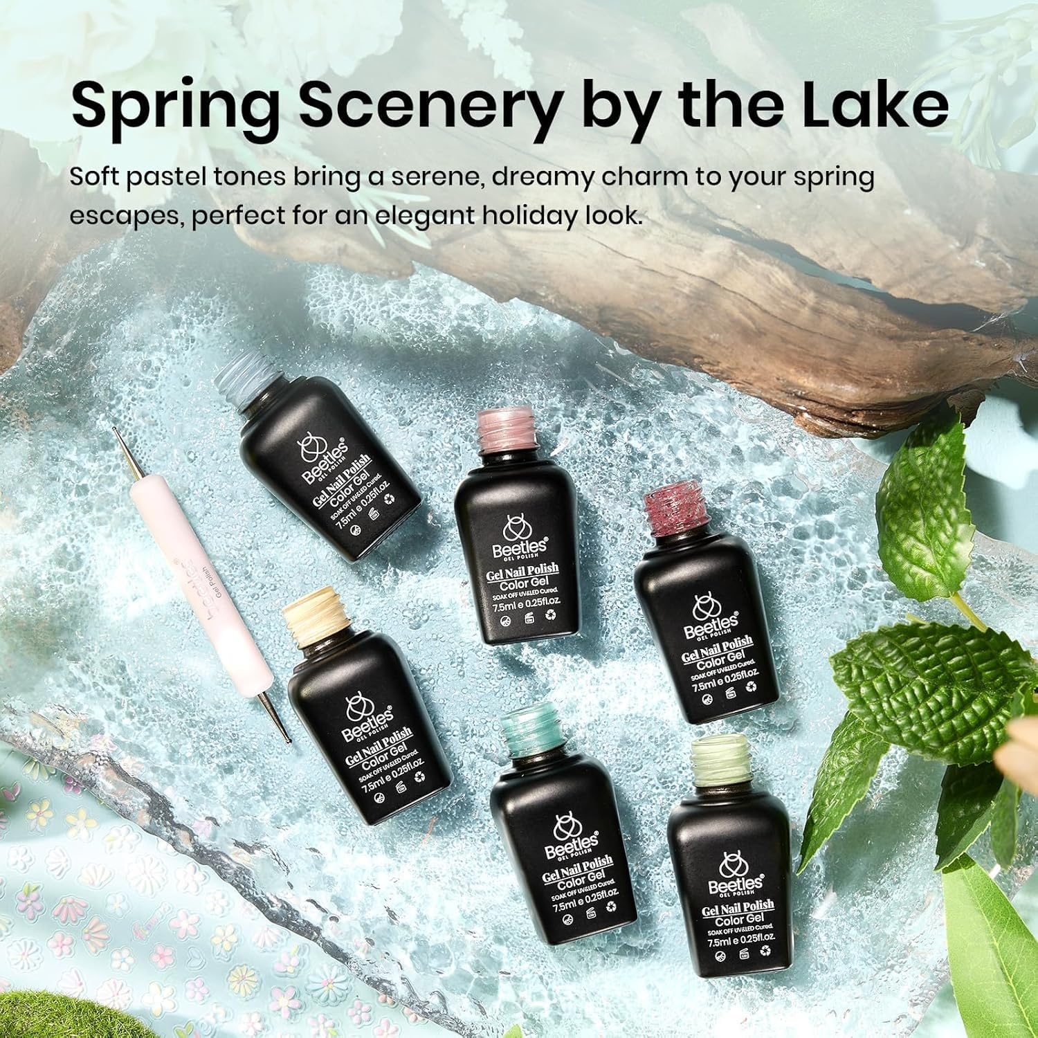image:imageBeetles Summer Gel Nail Polish Set 5 Winter Colors Dark Blue Glitter White Light Blue Silver Gel Polish with Sealing Gel Sugar Dust Powder Nail Sticker UV LED Needed Gifts for Women Sparkling SnowSpring scenery by the lake