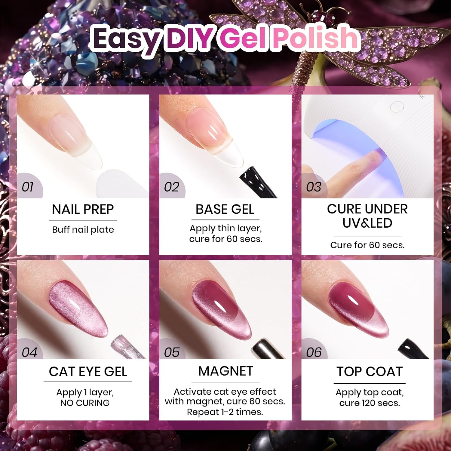 image:imageBeetles Summer Gel Nail Polish Set 5 Winter Colors Dark Blue Glitter White Light Blue Silver Gel Polish with Sealing Gel Sugar Dust Powder Nail Sticker UV LED Needed Gifts for Women Sparkling SnowA Cat Eye Plum Moonlit