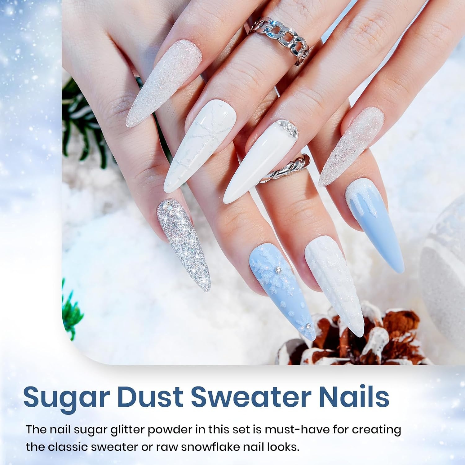 image:imageBeetles Summer Gel Nail Polish Set 5 Winter Colors Dark Blue Glitter White Light Blue Silver Gel Polish with Sealing Gel Sugar Dust Powder Nail Sticker UV LED Needed Gifts for Women Sparkling Snow000Sparkling Snow