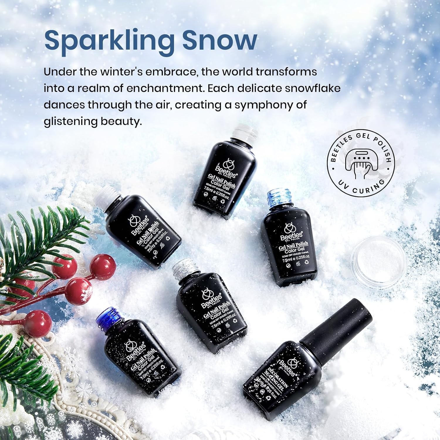 image:imageBeetles Summer Gel Nail Polish Set 5 Winter Colors Dark Blue Glitter White Light Blue Silver Gel Polish with Sealing Gel Sugar Dust Powder Nail Sticker UV LED Needed Gifts for Women Sparkling Snow000Sparkling Snow