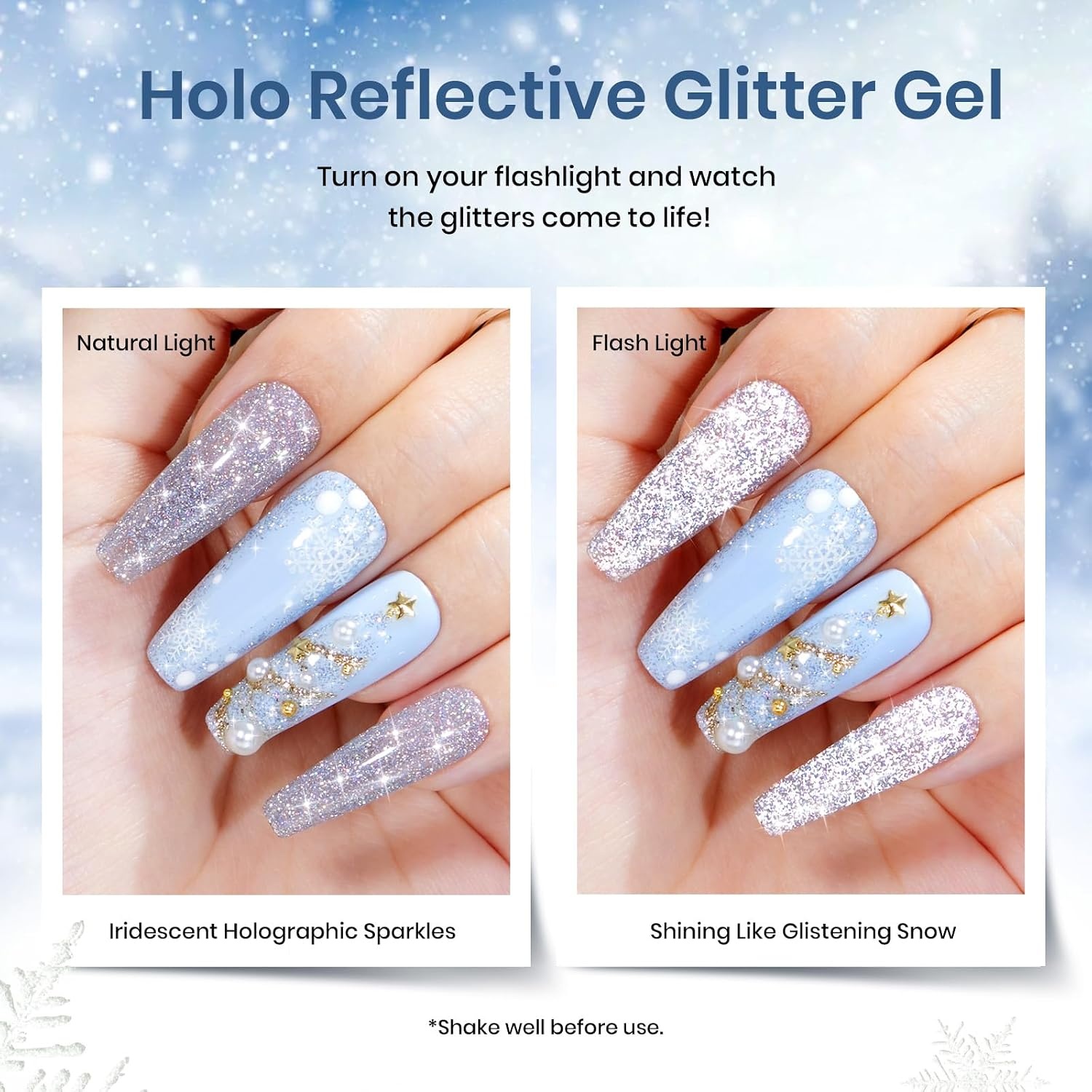 image:imageBeetles Summer Gel Nail Polish Set 5 Winter Colors Dark Blue Glitter White Light Blue Silver Gel Polish with Sealing Gel Sugar Dust Powder Nail Sticker UV LED Needed Gifts for Women Sparkling Snow000Sparkling Snow