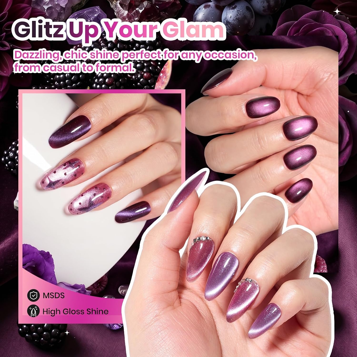 image:imageBeetles Summer Gel Nail Polish Set 5 Winter Colors Dark Blue Glitter White Light Blue Silver Gel Polish with Sealing Gel Sugar Dust Powder Nail Sticker UV LED Needed Gifts for Women Sparkling SnowA Cat Eye Plum Moonlit